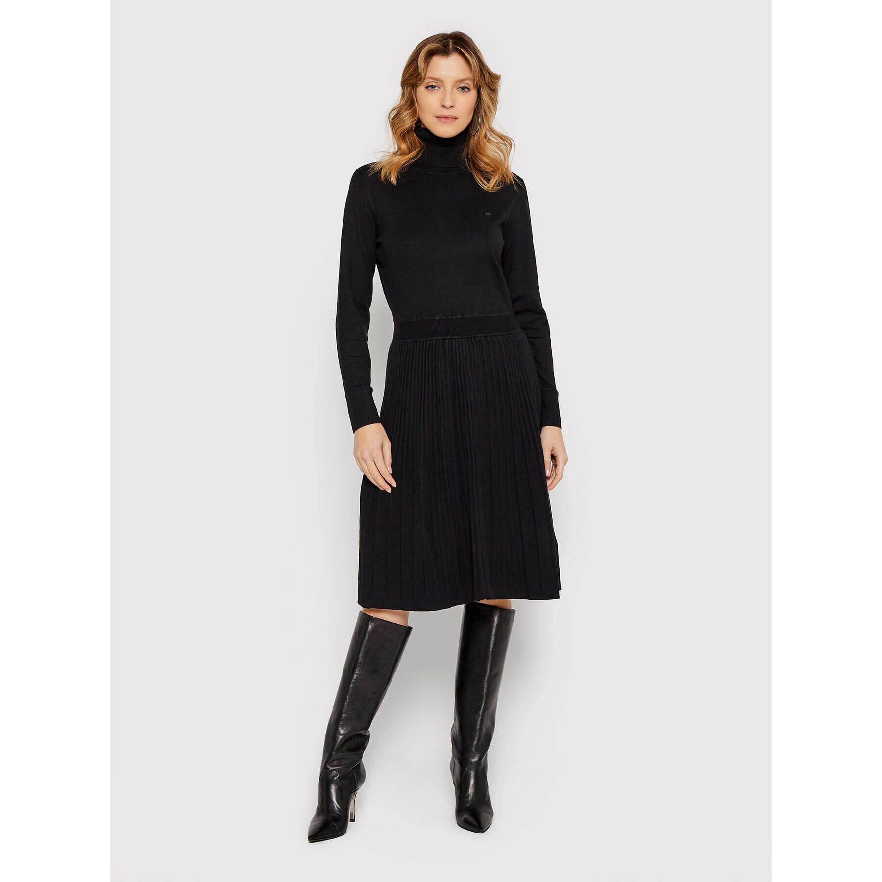 Calvin Klein Rochie tricotată Roll Neck Knitted Flare K20K203230 Negru Slim Fit - Pled.ro