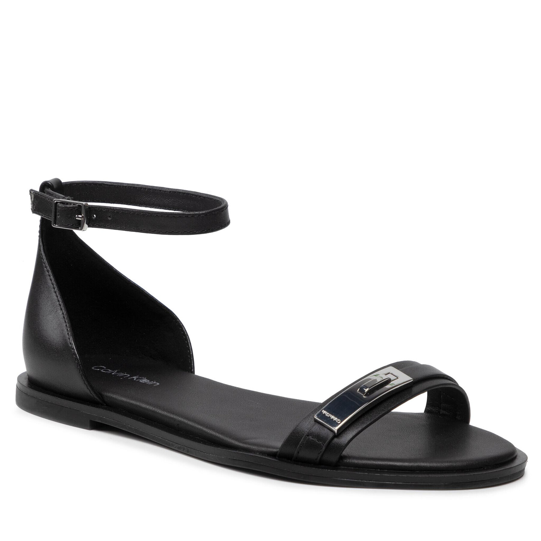 Calvin Klein Sandale Barely There Flat Sndl W/Hdw-Lth HW0HW01187 Negru - Pled.ro