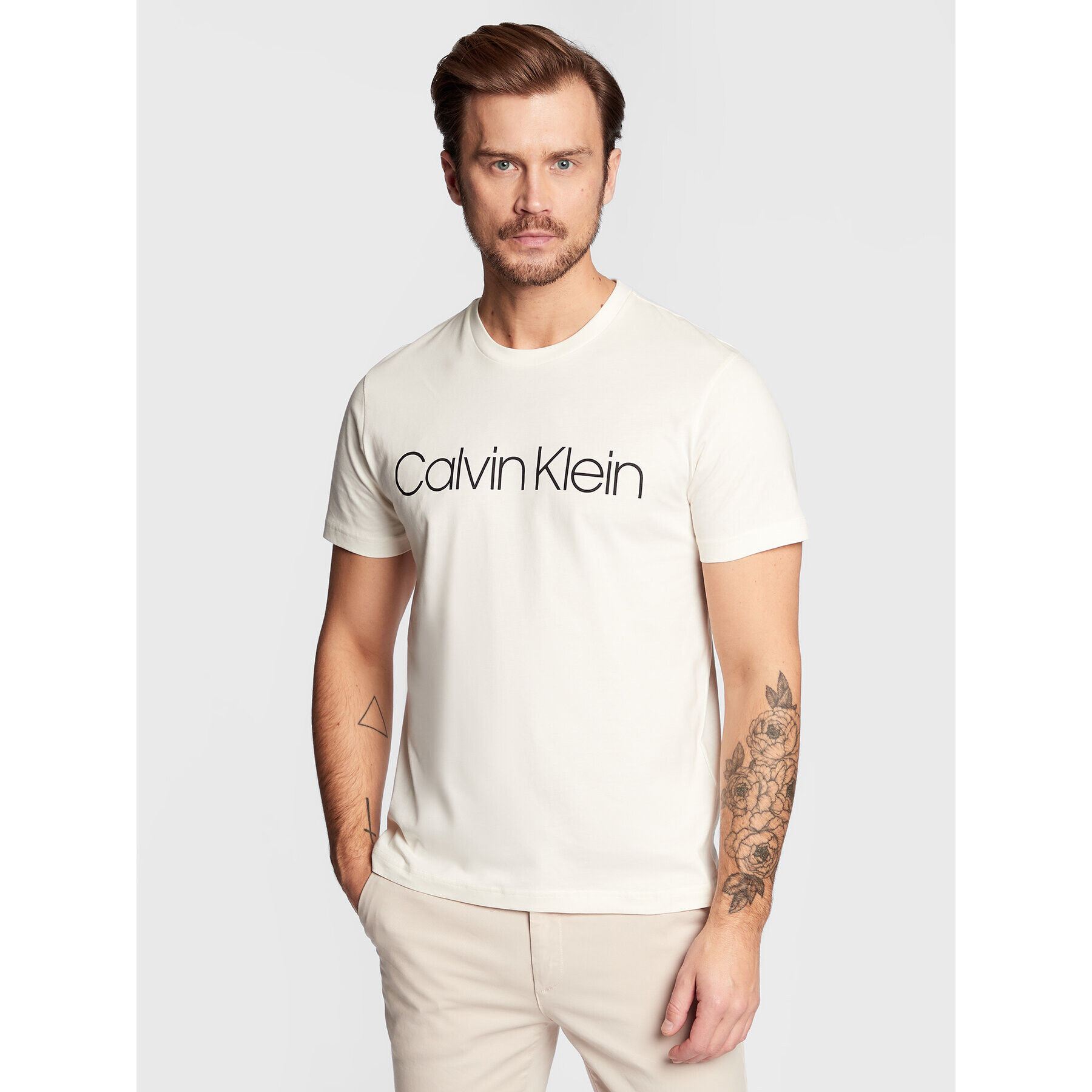 Calvin Klein Tricou Cotton Front K10K103078 Écru Regular Fit - Pled.ro