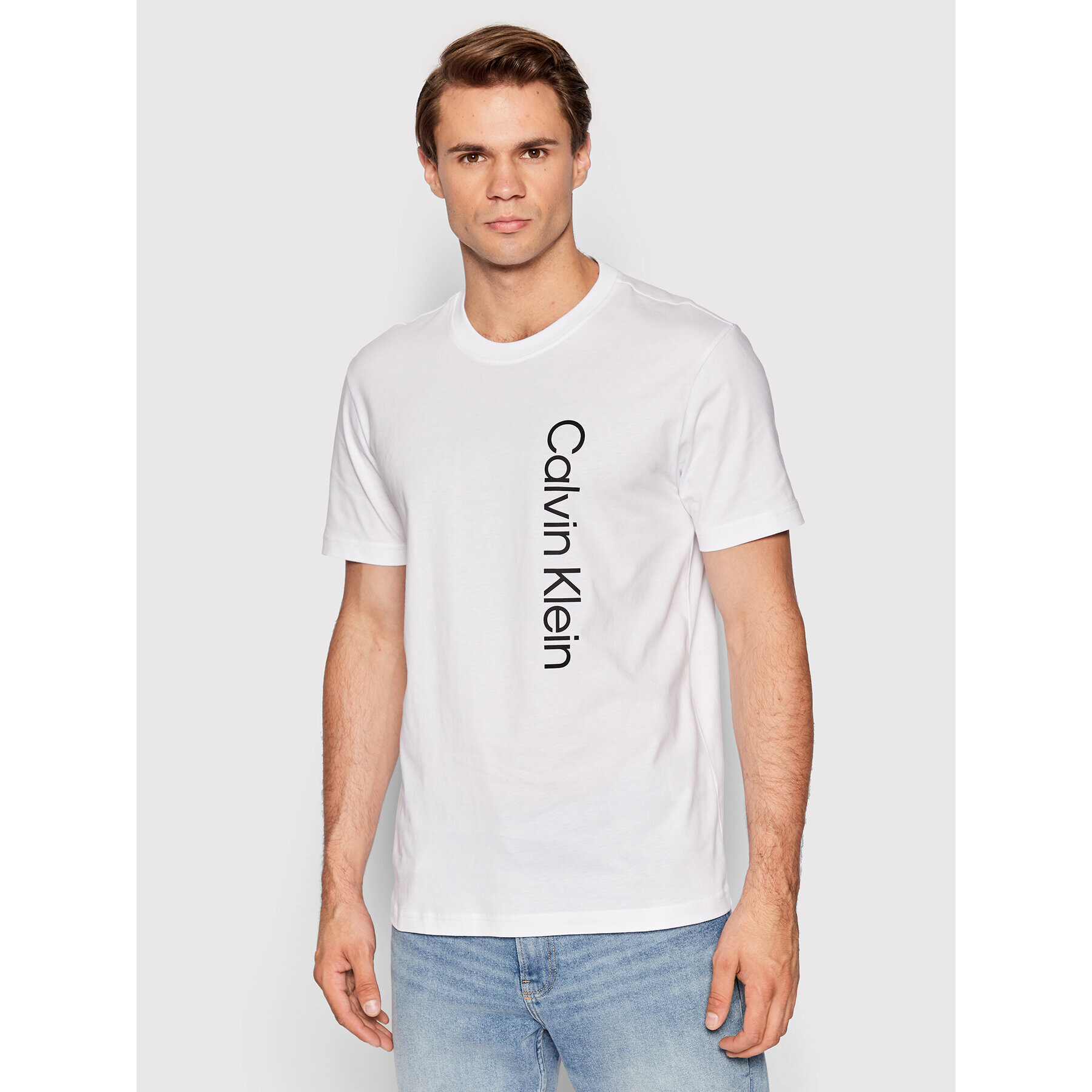 Calvin Klein Tricou Off Placement Logo K10K109738 Alb Slim Fit - Pled.ro