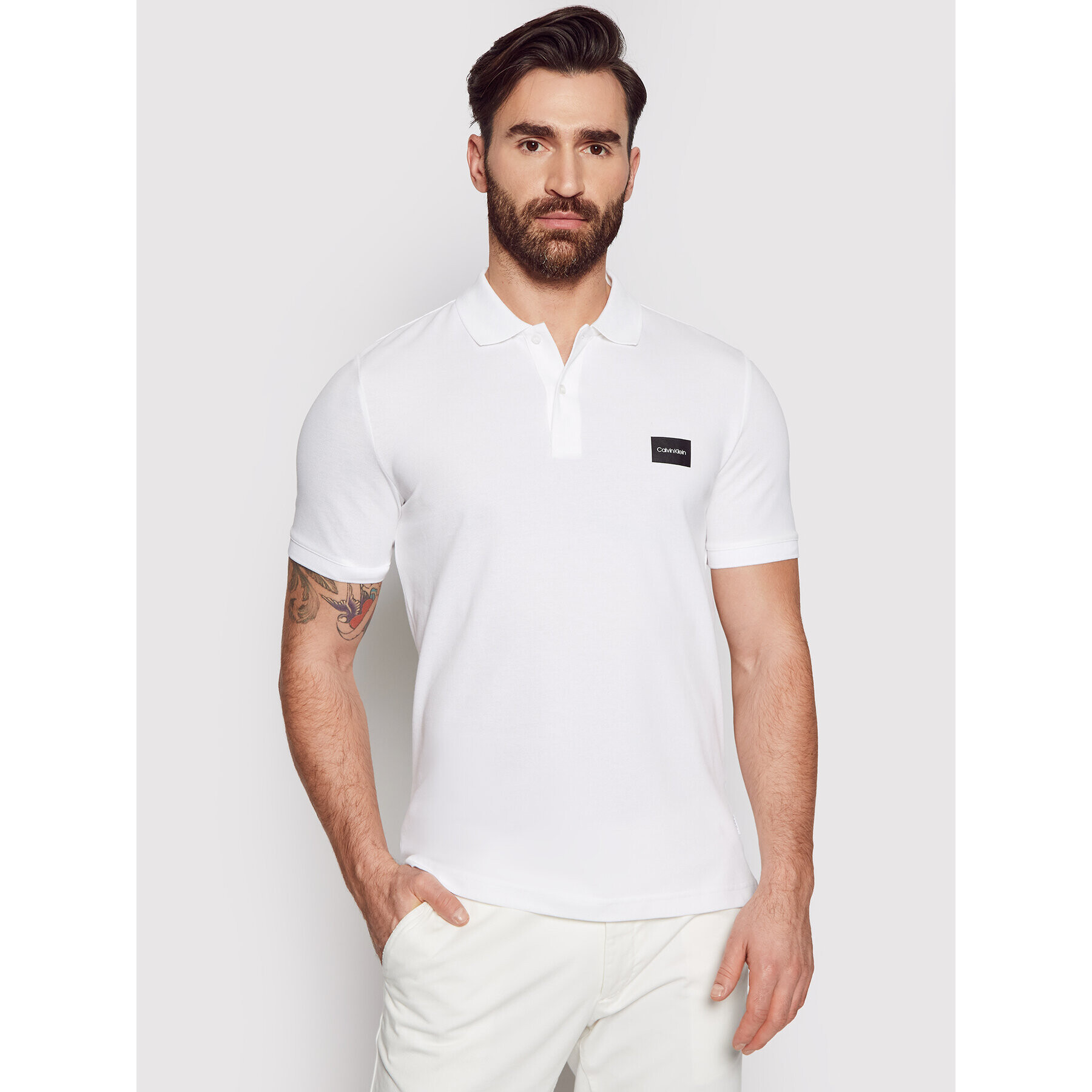 Calvin Klein Tricou polo Stretch Pique Badge K10K107289 Alb Slim Fit - Pled.ro