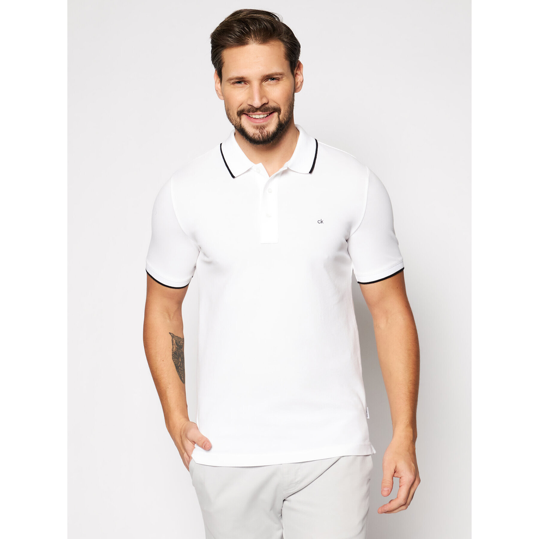 Calvin Klein Tricou polo Stretch Tipping K10K107211 Alb Slim Fit - Pled.ro