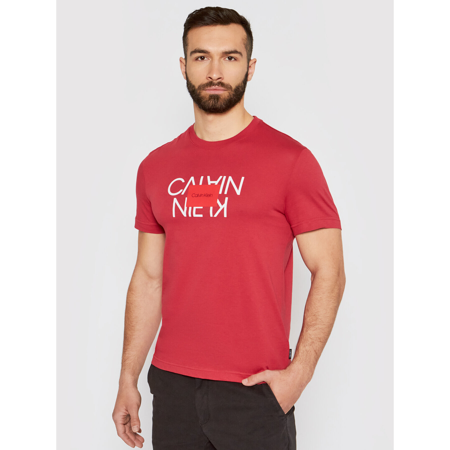 Calvin Klein Tricou Text Reversed Logo K10K106489 Roșu Regular Fit - Pled.ro