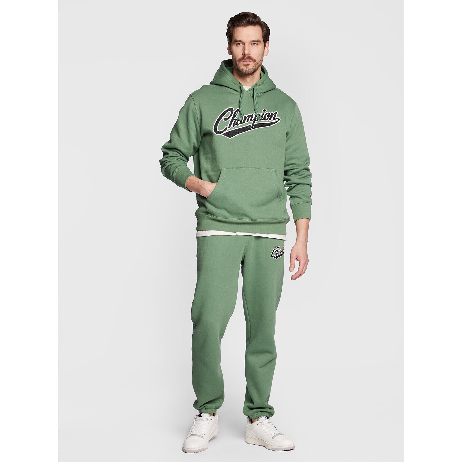 Champion Bluză Heavy Fleece Vintage Logo 217886 Verde Relaxed Fit - Pled.ro