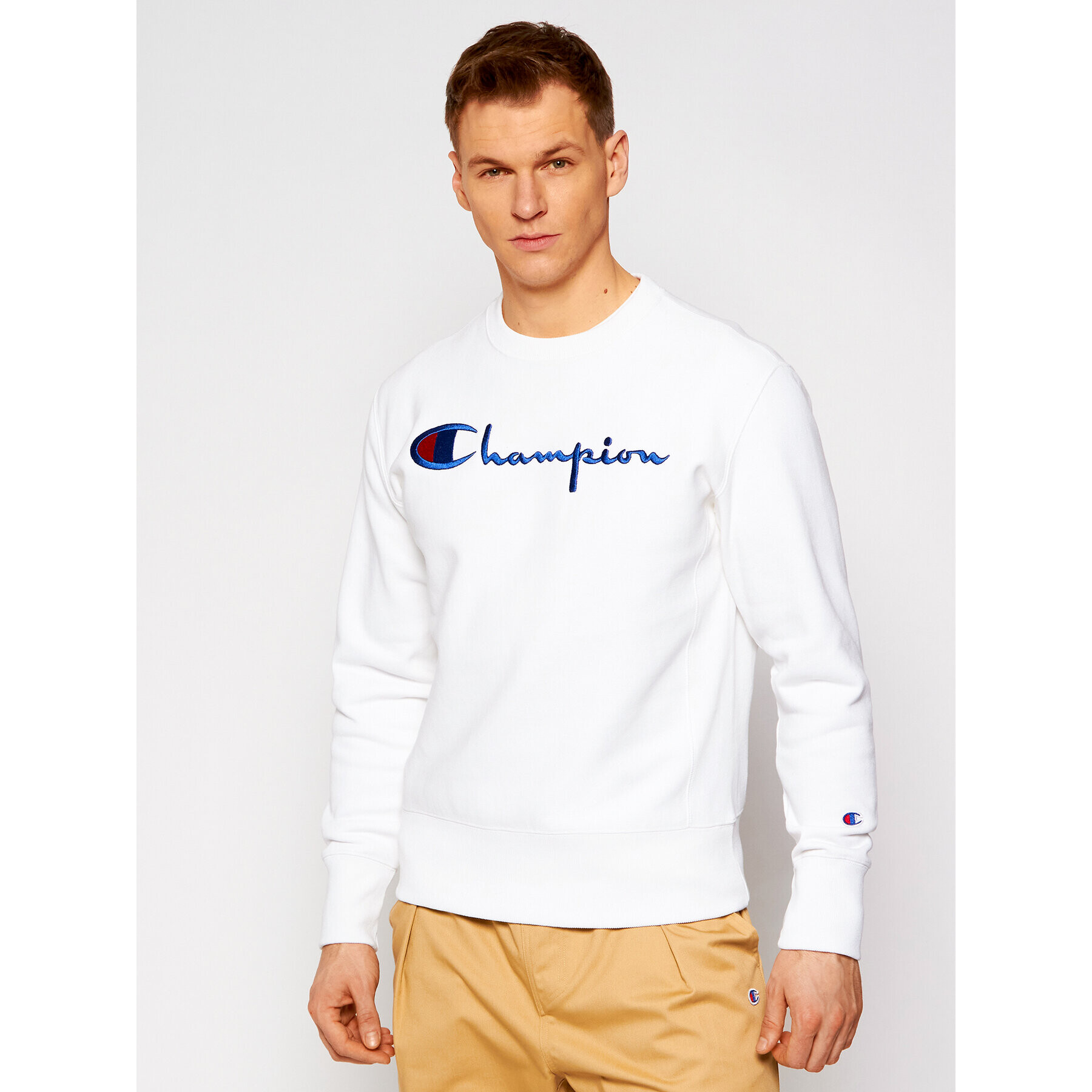 Champion Bluză Script Logo Reverse Weave 215160 Alb Custom Fit - Pled.ro