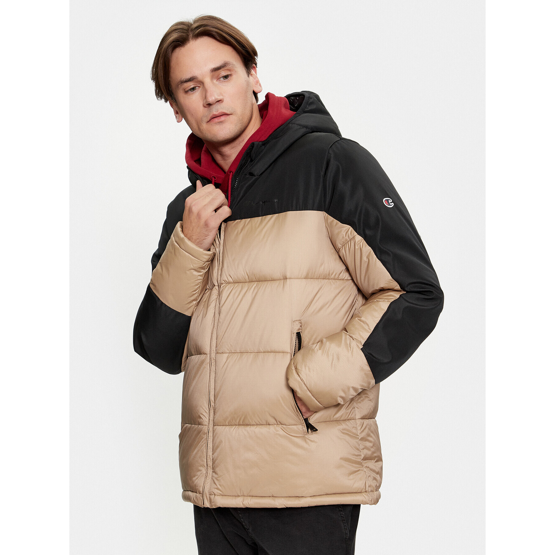 Champion Geacă din puf Hooded Jacket 219190 Bej Regular Fit - Pled.ro