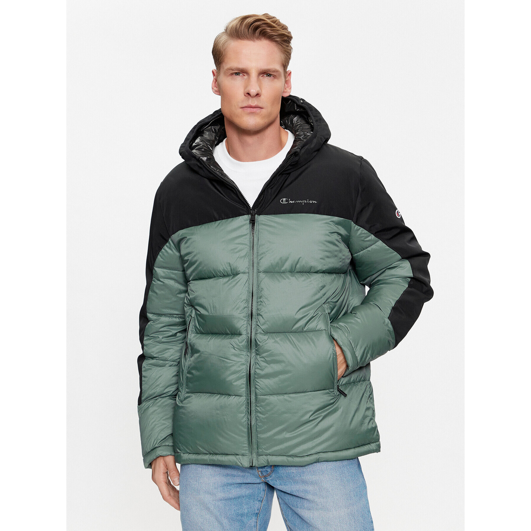 Champion Geacă din puf Hooded Jacket 219190 Verde Regular Fit - Pled.ro