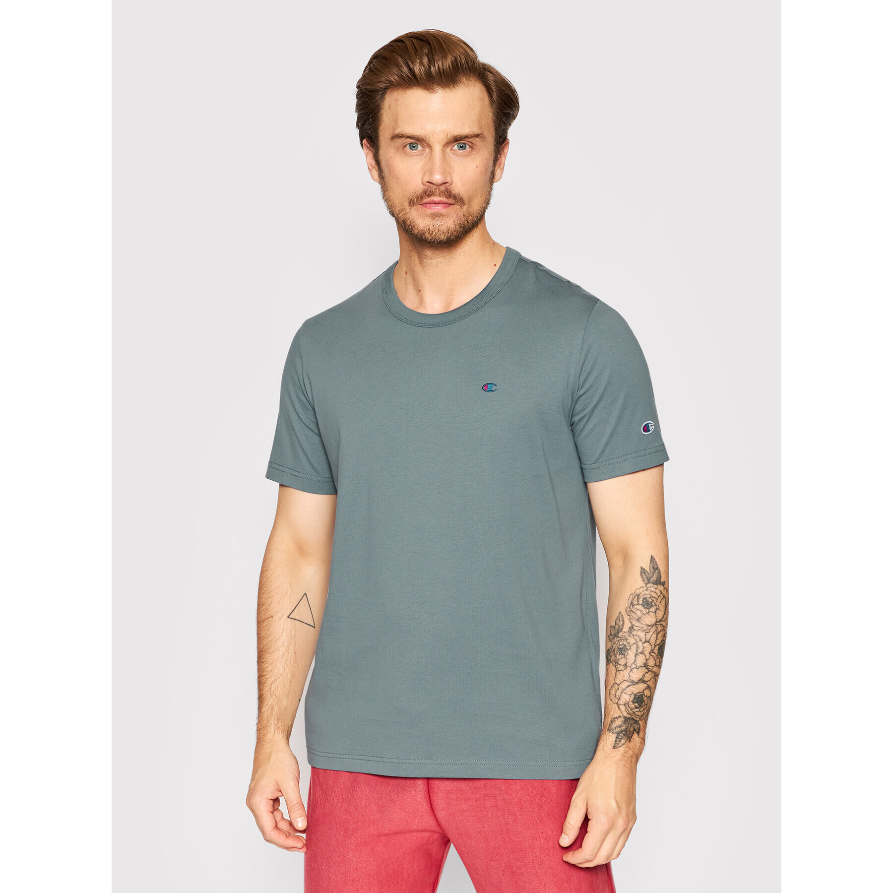 Champion Tricou Basic C Logo 216545 Gri Regular Fit - Pled.ro