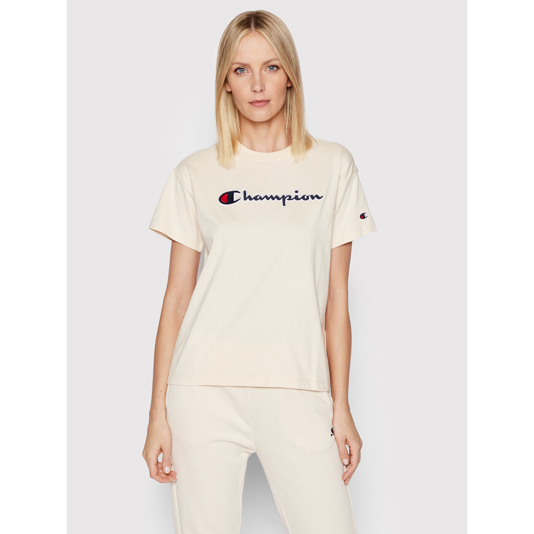 Champion Tricou Big Script Logo 115351 Bej Boxy Fit - Pled.ro