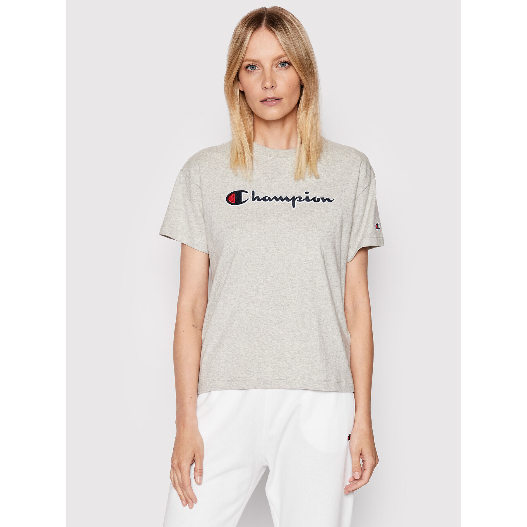 Champion Tricou Big Script Logo 115351 Gri Boxy Fit - Pled.ro