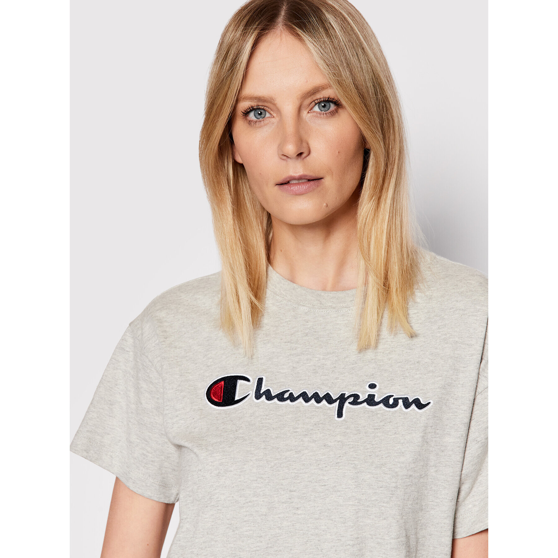 Champion Tricou Big Script Logo 115351 Gri Boxy Fit - Pled.ro