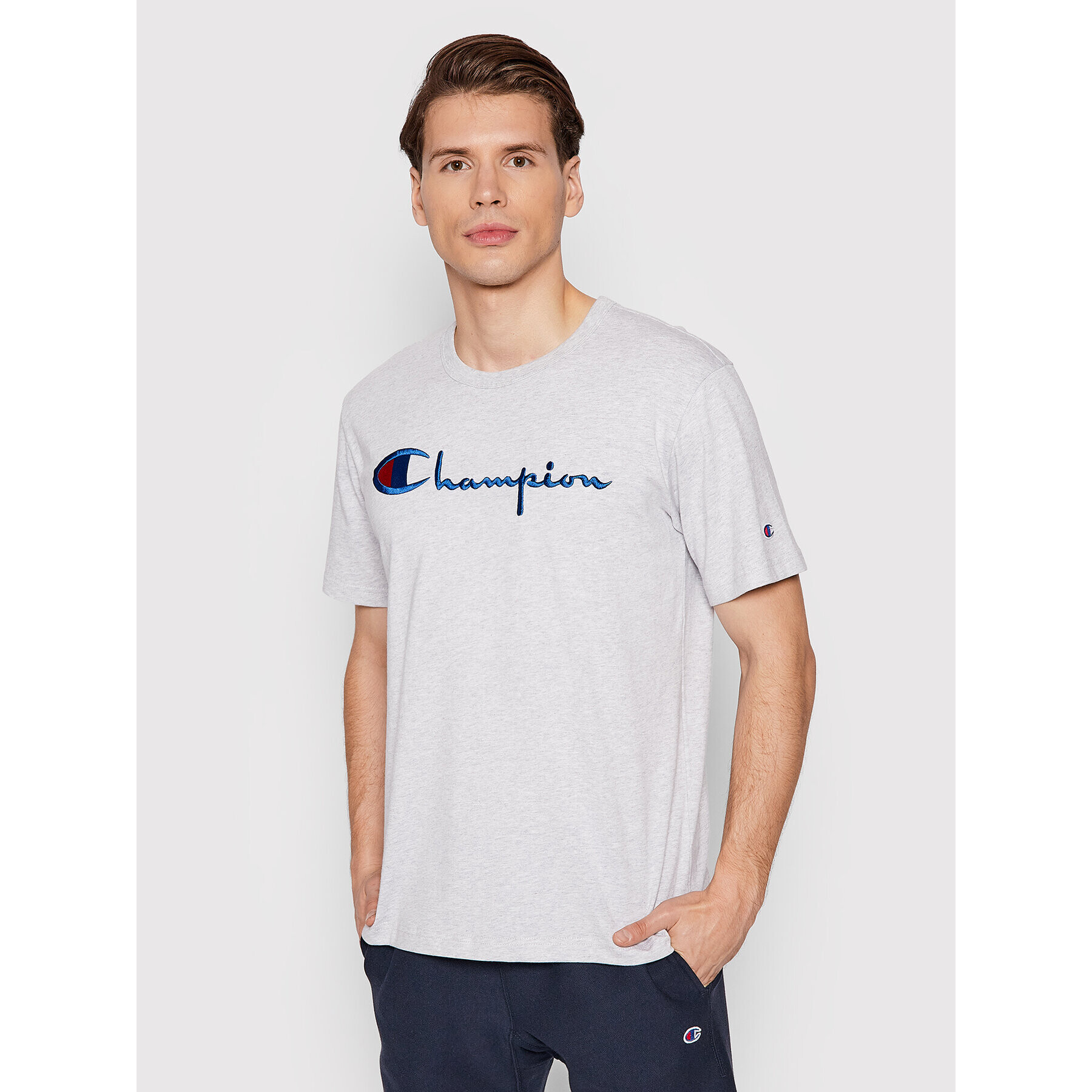 Champion Tricou Big Script Logo 216547 Gri Comfort Fit - Pled.ro