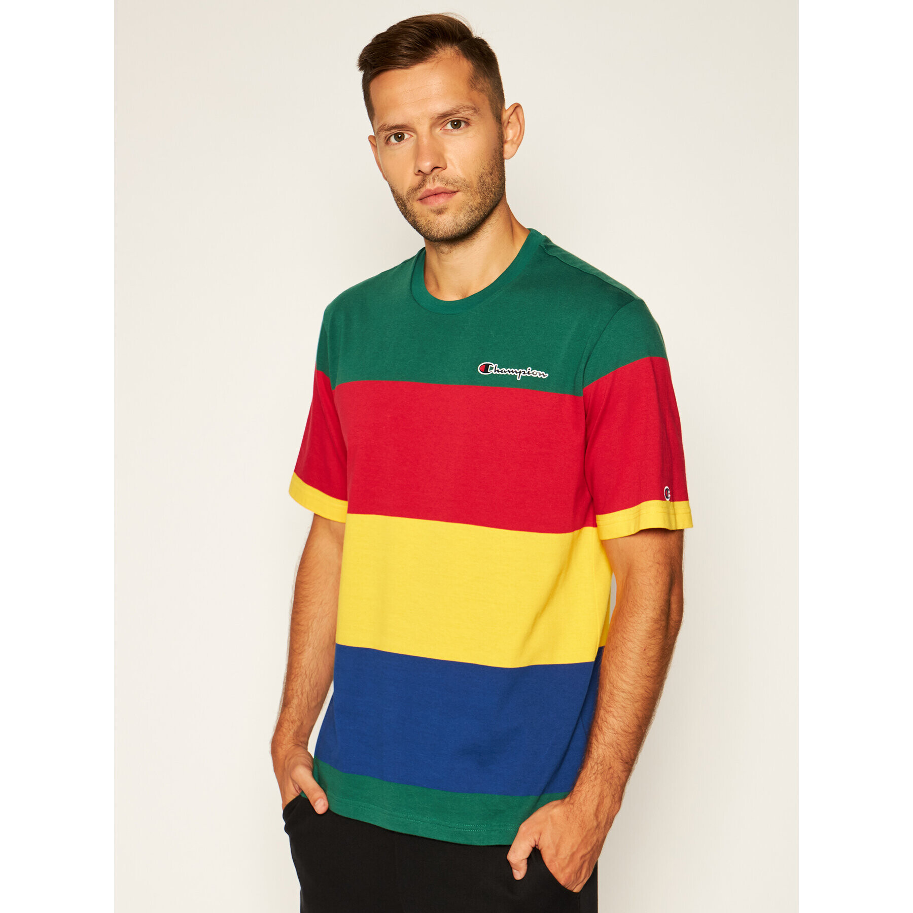 Champion Tricou Colour Block Stripe 214352 Verde Custom Fit - Pled.ro