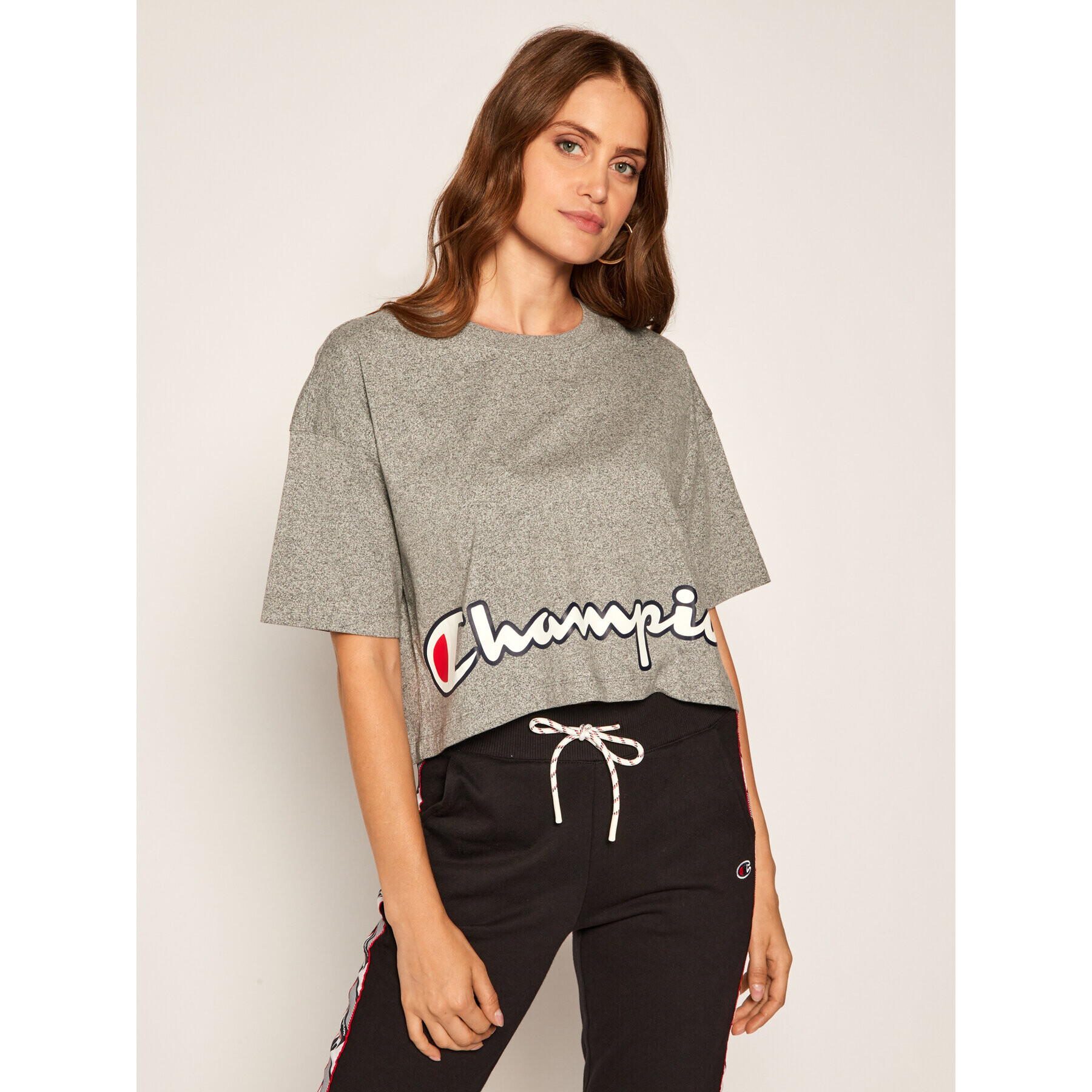 Champion Tricou Cropped Script Logo Print Boxy 112655 Gri Oversize - Pled.ro