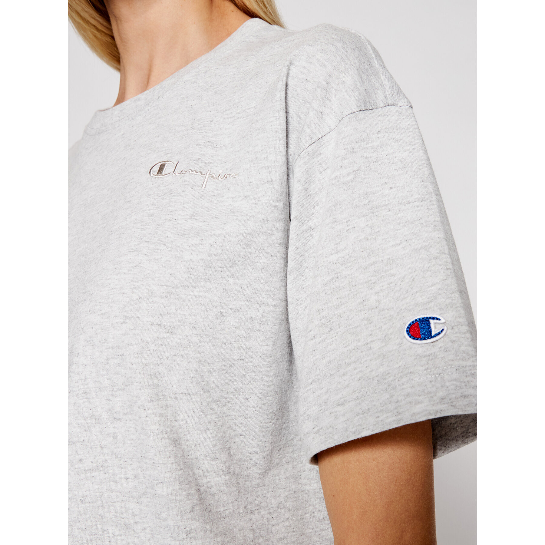 Champion Tricou Script Logo Embroidery 112732 Gri Oversize - Pled.ro