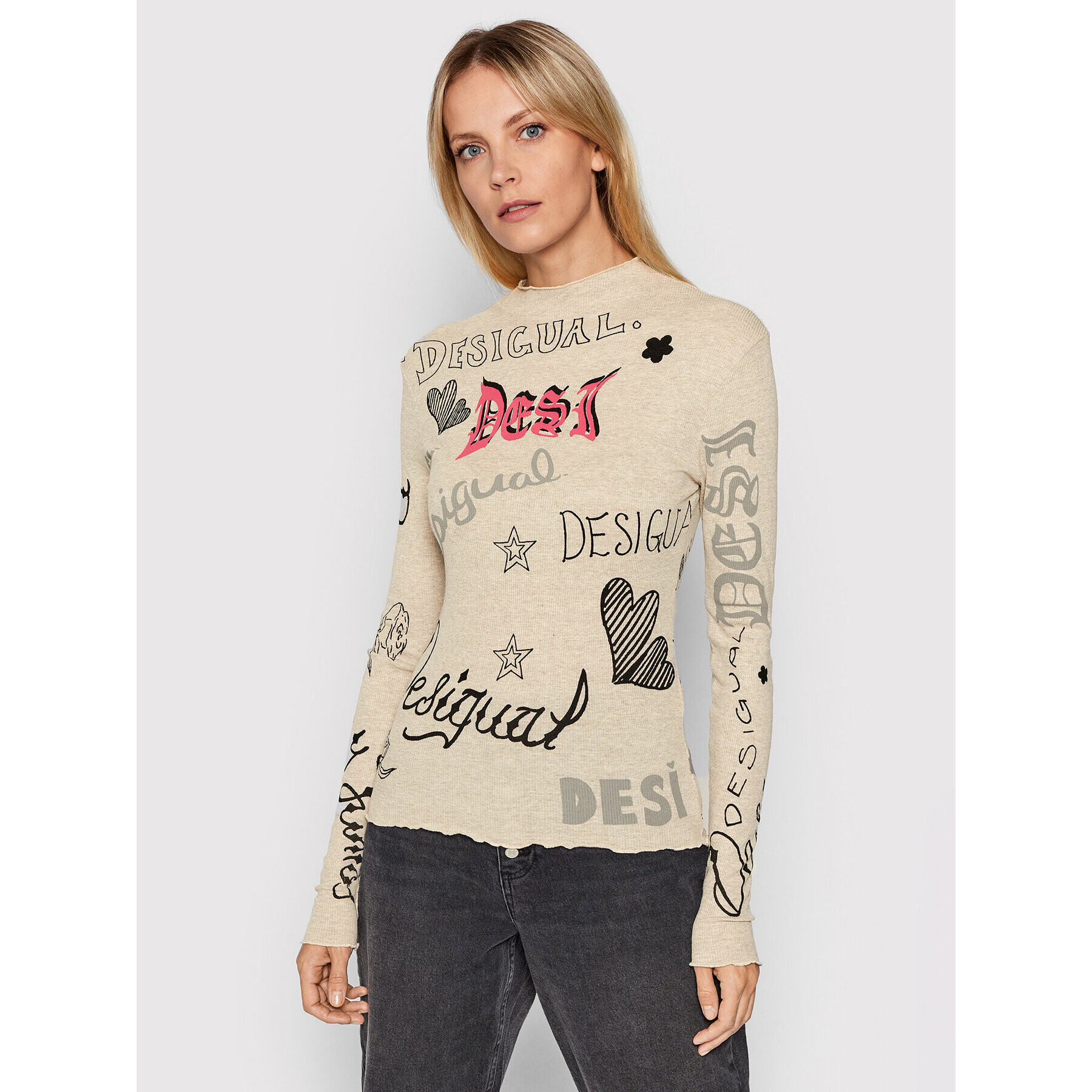 Desigual Bluză Lettering 21WWTKDR Bej Slim Fit - Pled.ro