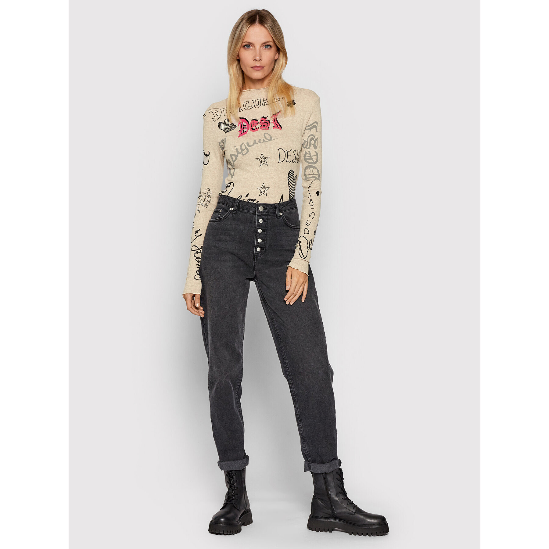 Desigual Bluză Lettering 21WWTKDR Bej Slim Fit - Pled.ro