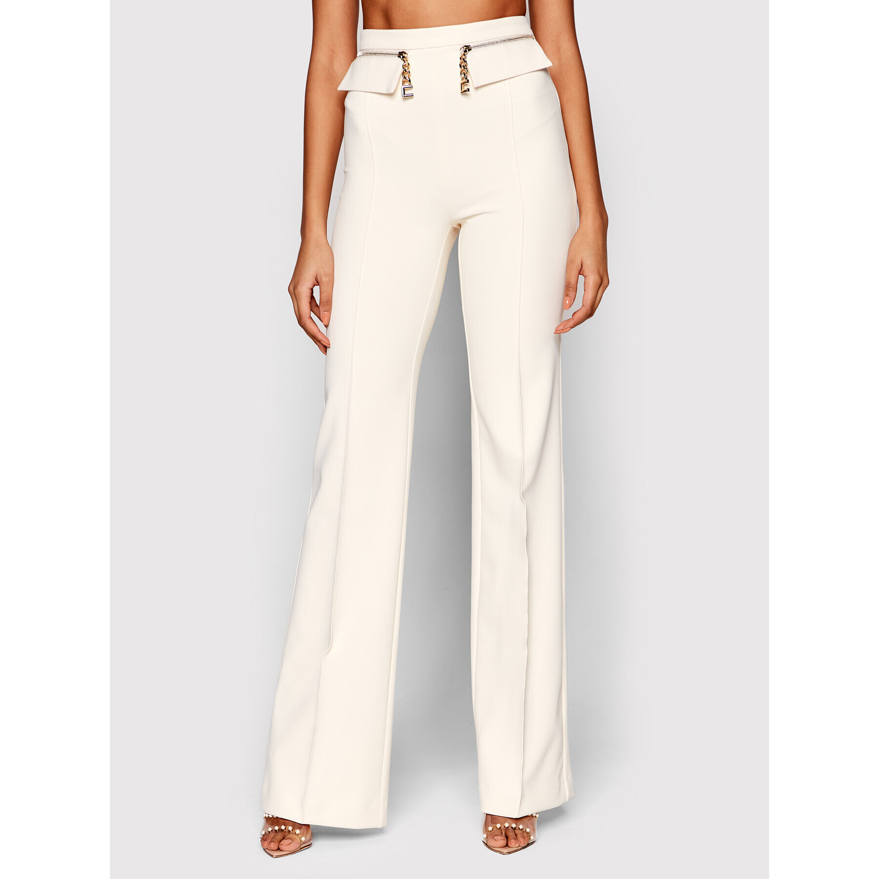 Elisabetta Franchi Pantaloni din material PA-006-21E2-V310 Bej Palazzo Fit - Pled.ro