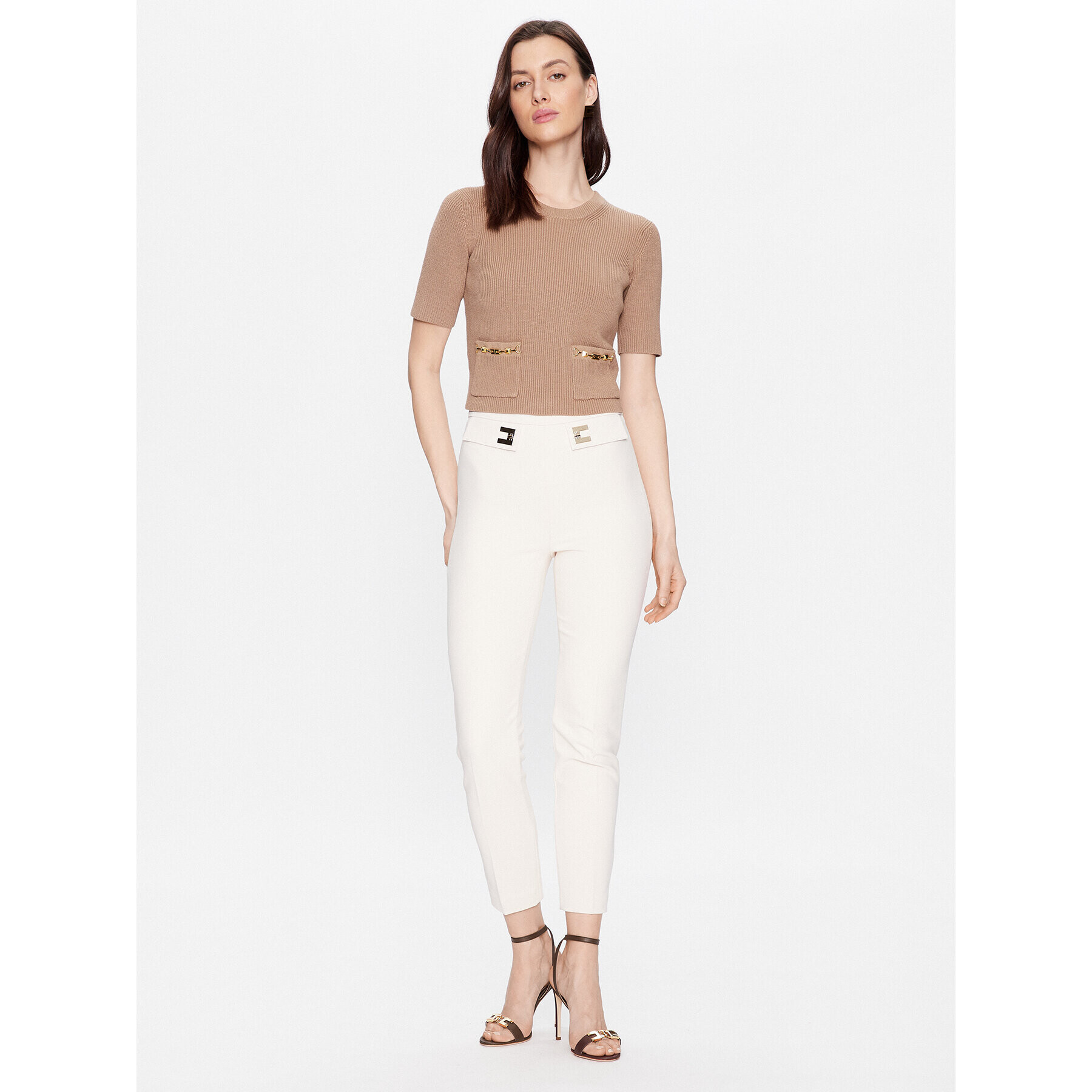 Elisabetta Franchi Pantaloni din material PA-045-31E2-V260 Écru Slim Fit - Pled.ro