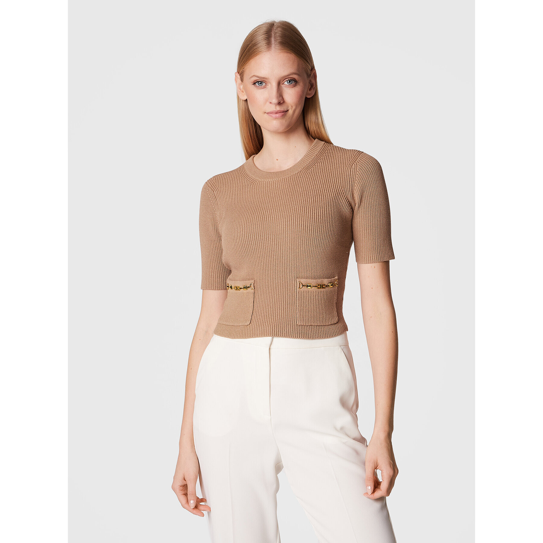 Elisabetta Franchi Pulover MK-48S-26E2-V280 Bej Slim Fit - Pled.ro