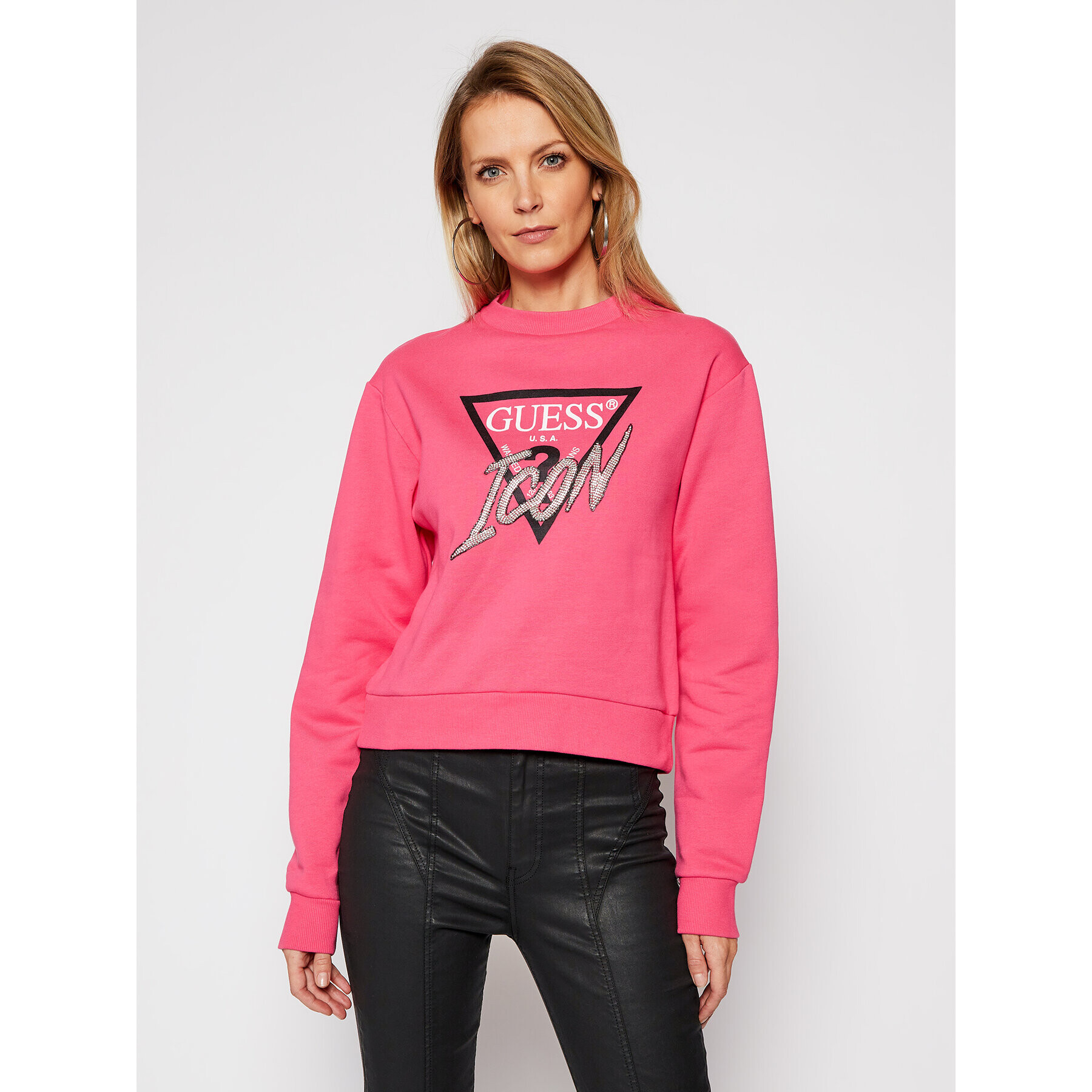 Guess Bluză Icon Fleece W1RQ04 K68I0 Roz Regular Fit - Pled.ro