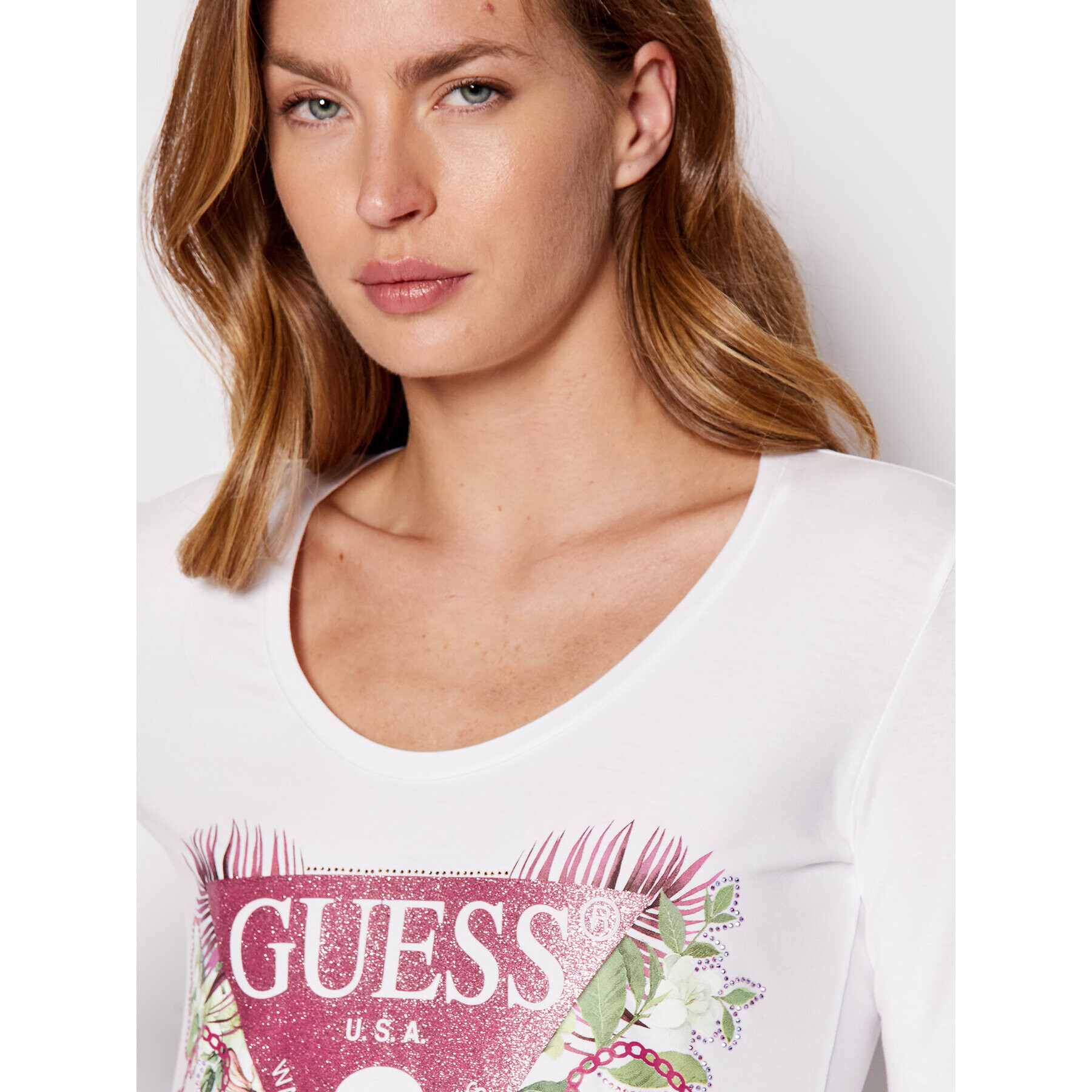 Guess Bluză W2YI36 J1311 Alb Slim Fit - Pled.ro