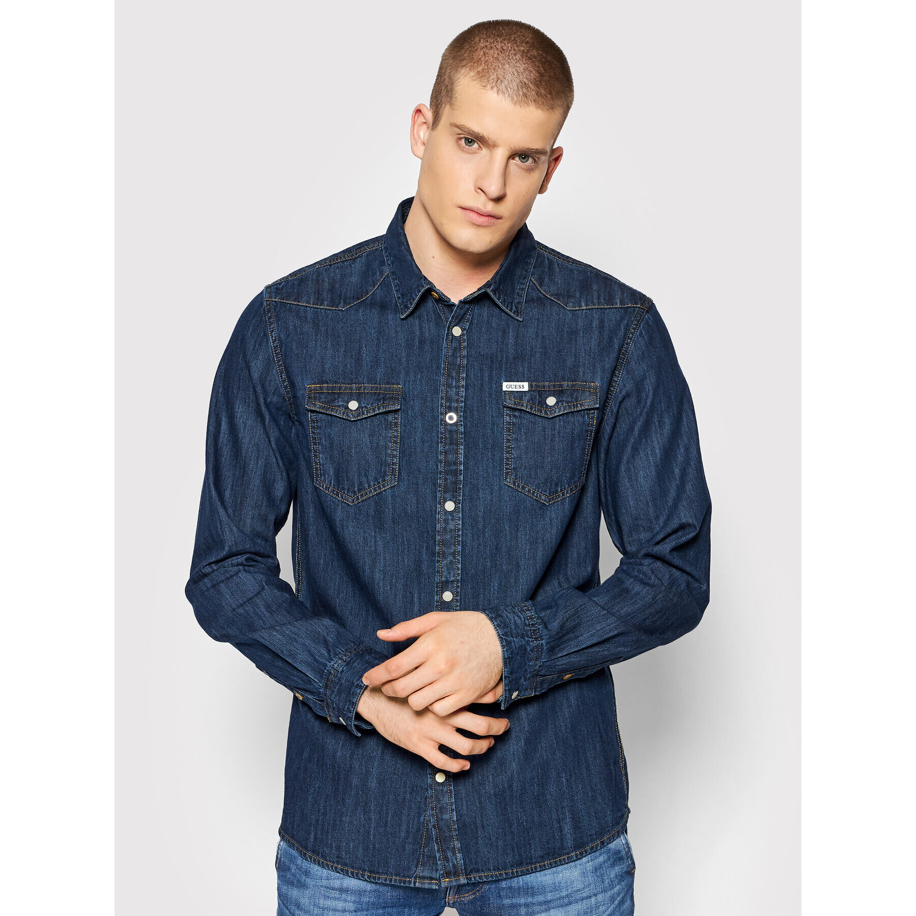 Guess Cămașă M2RH02 D14LC Bleumarin Slim Fit - Pled.ro