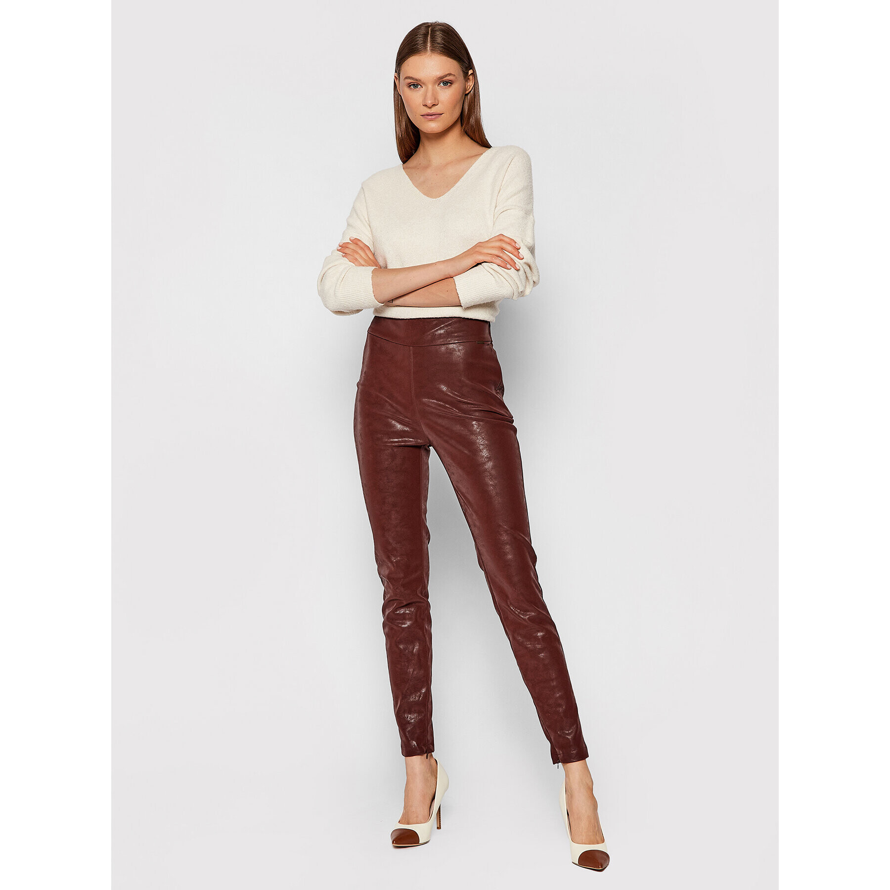 Guess Pantaloni din imitație de piele Priscilla W1BB08 WE5V0 Maro Extra Slim Fit - Pled.ro