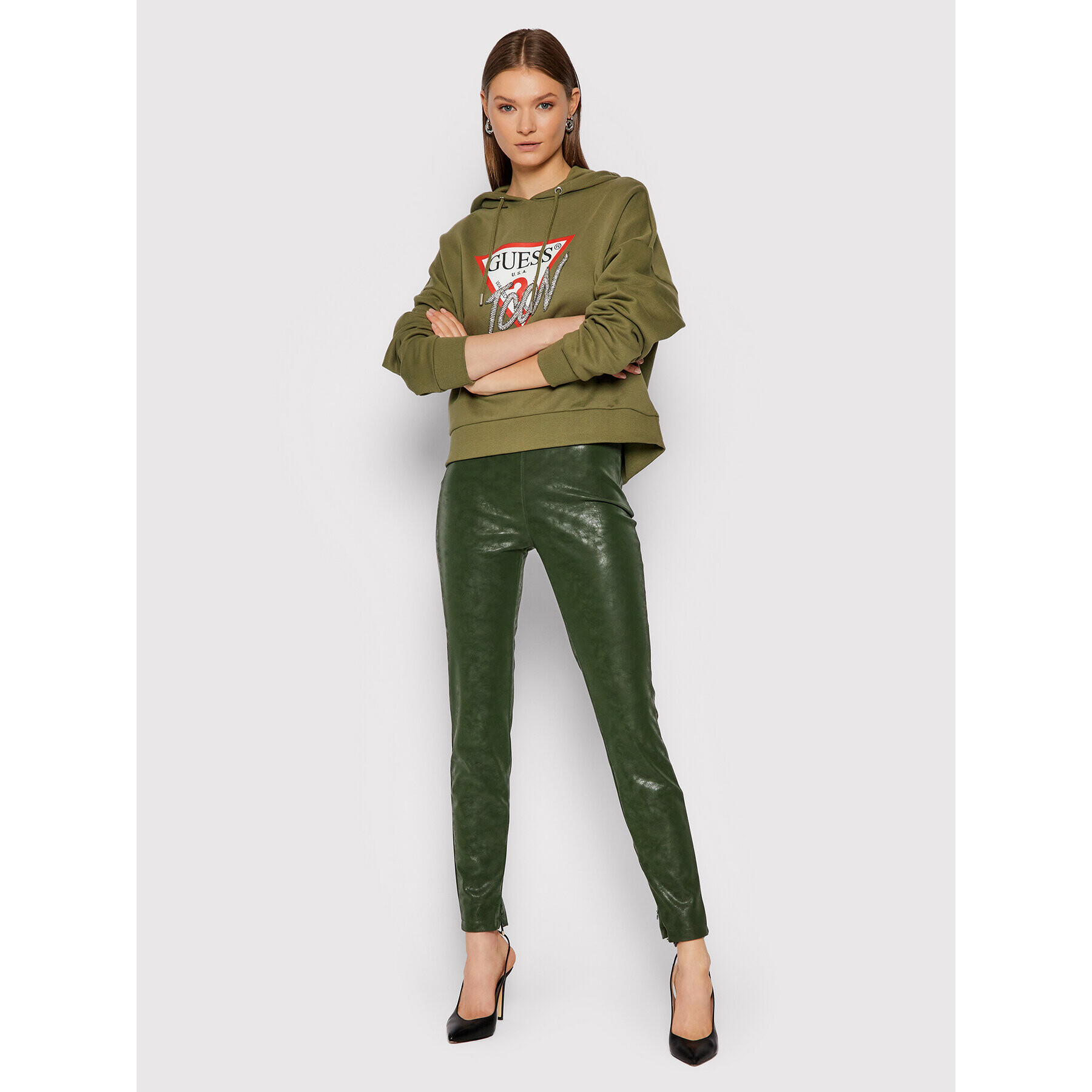 Guess Pantaloni din imitație de piele Priscilla W1BB08 WE5V0 Verde Extra Slim Fit - Pled.ro