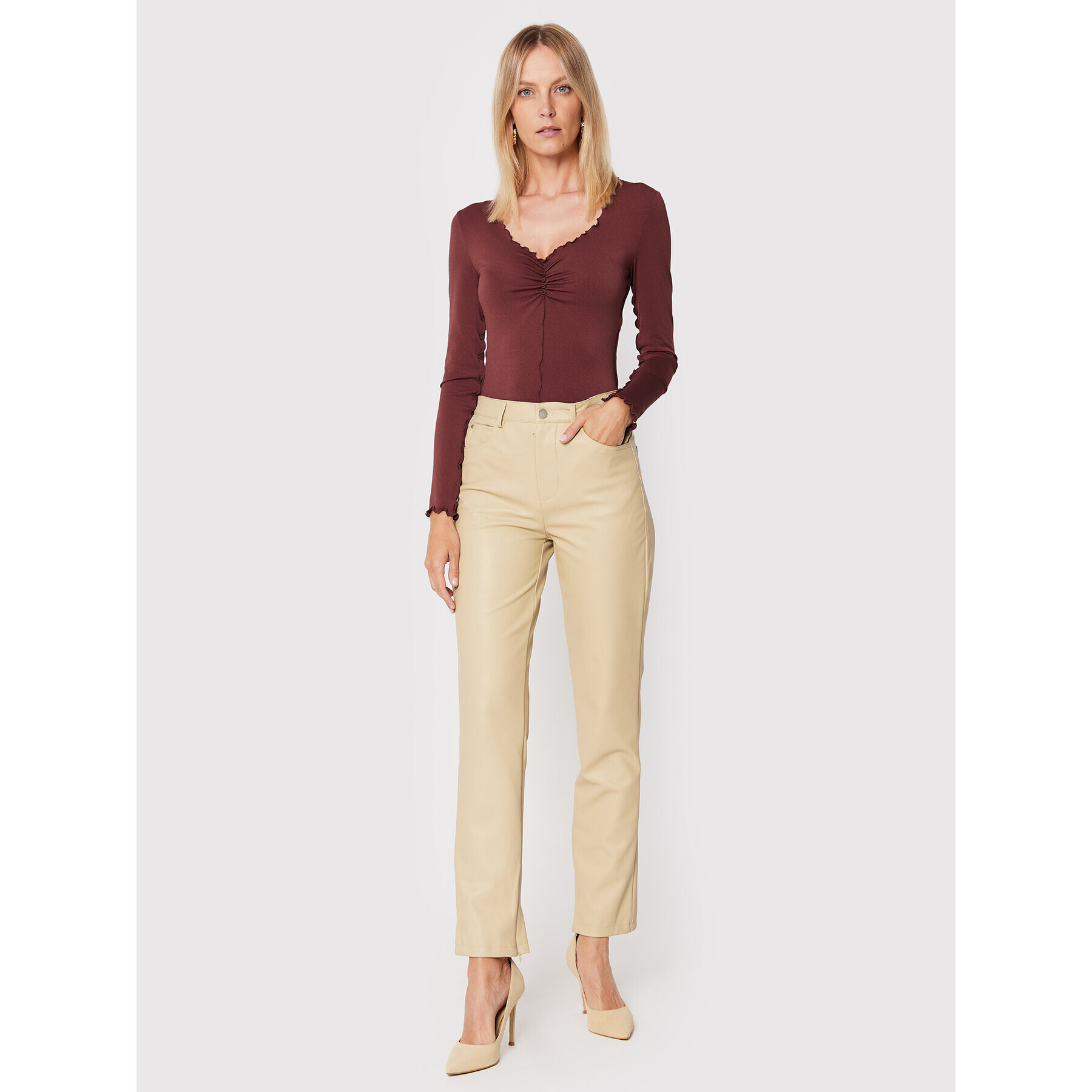 Guess Pantaloni din imitație de piele Caroline W2YB13 WERD0 Bej Skinny Fit - Pled.ro