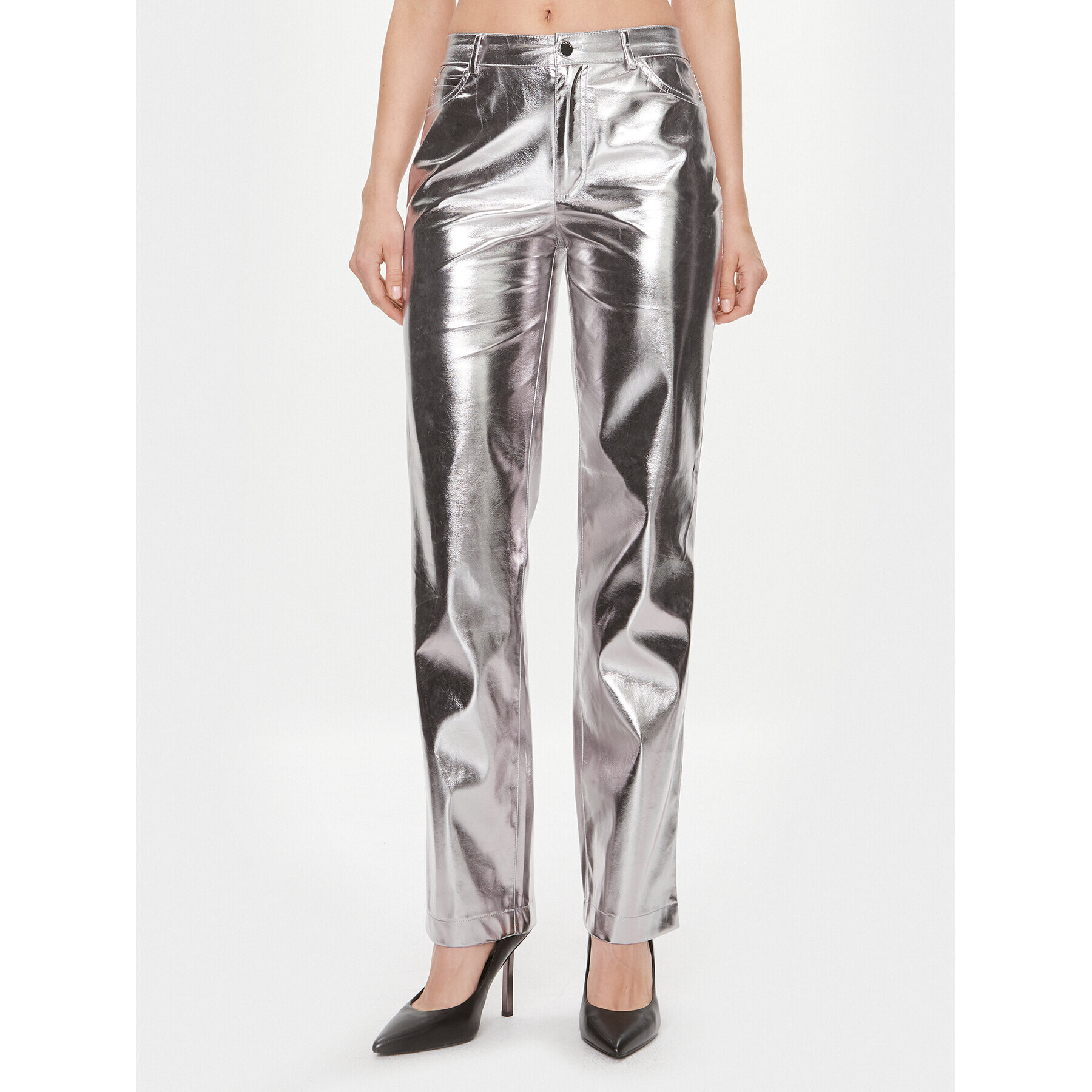 Guess Pantaloni din imitație de piele W4RB33 WFWP0 Argintiu Regular Fit - Pled.ro