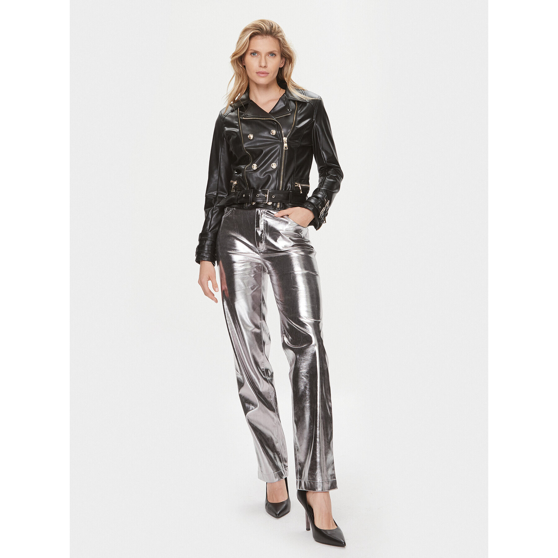 Guess Pantaloni din imitație de piele W4RB33 WFWP0 Argintiu Regular Fit - Pled.ro