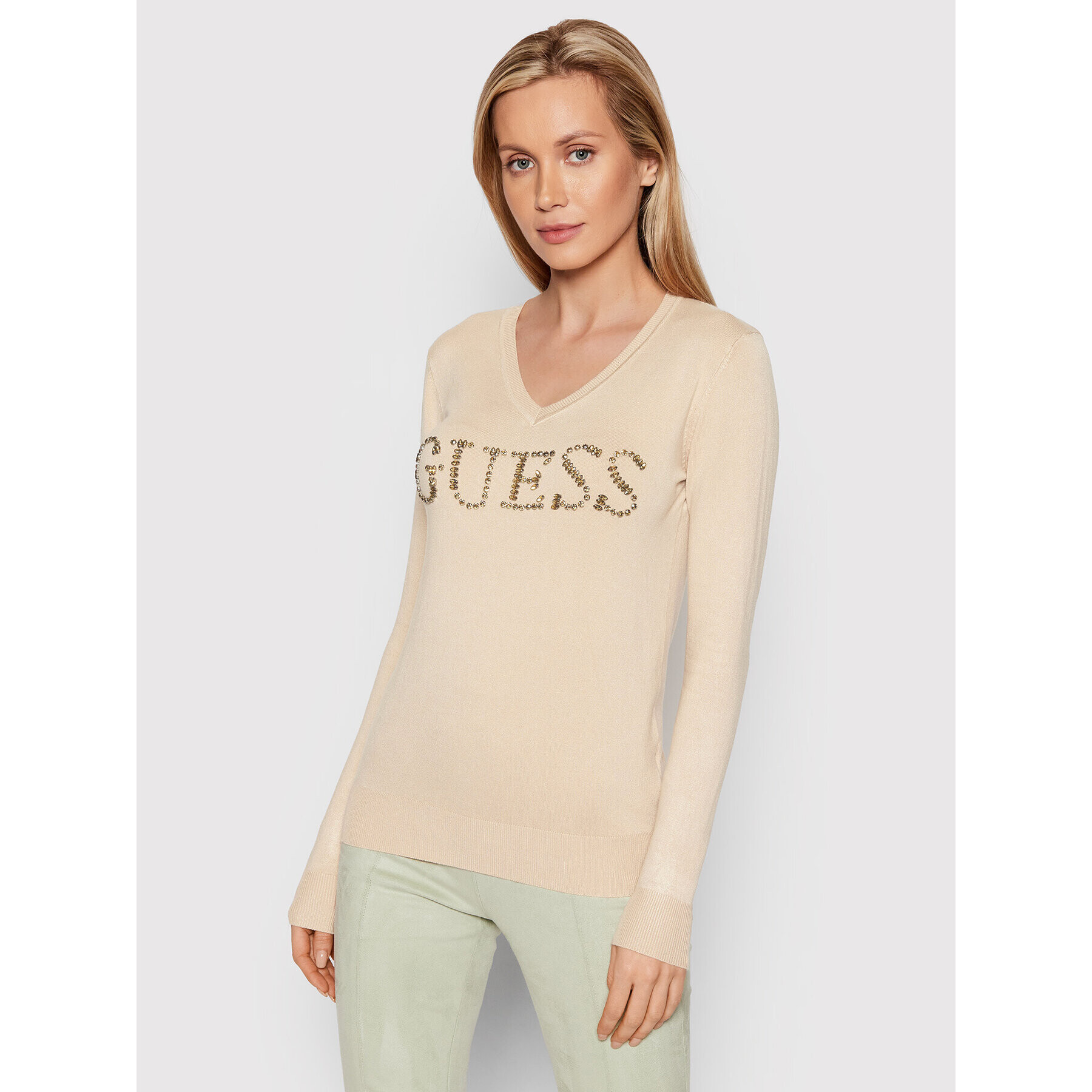 Guess Pulover W2RR21 Z2NQ0 Bej Slim Fit - Pled.ro