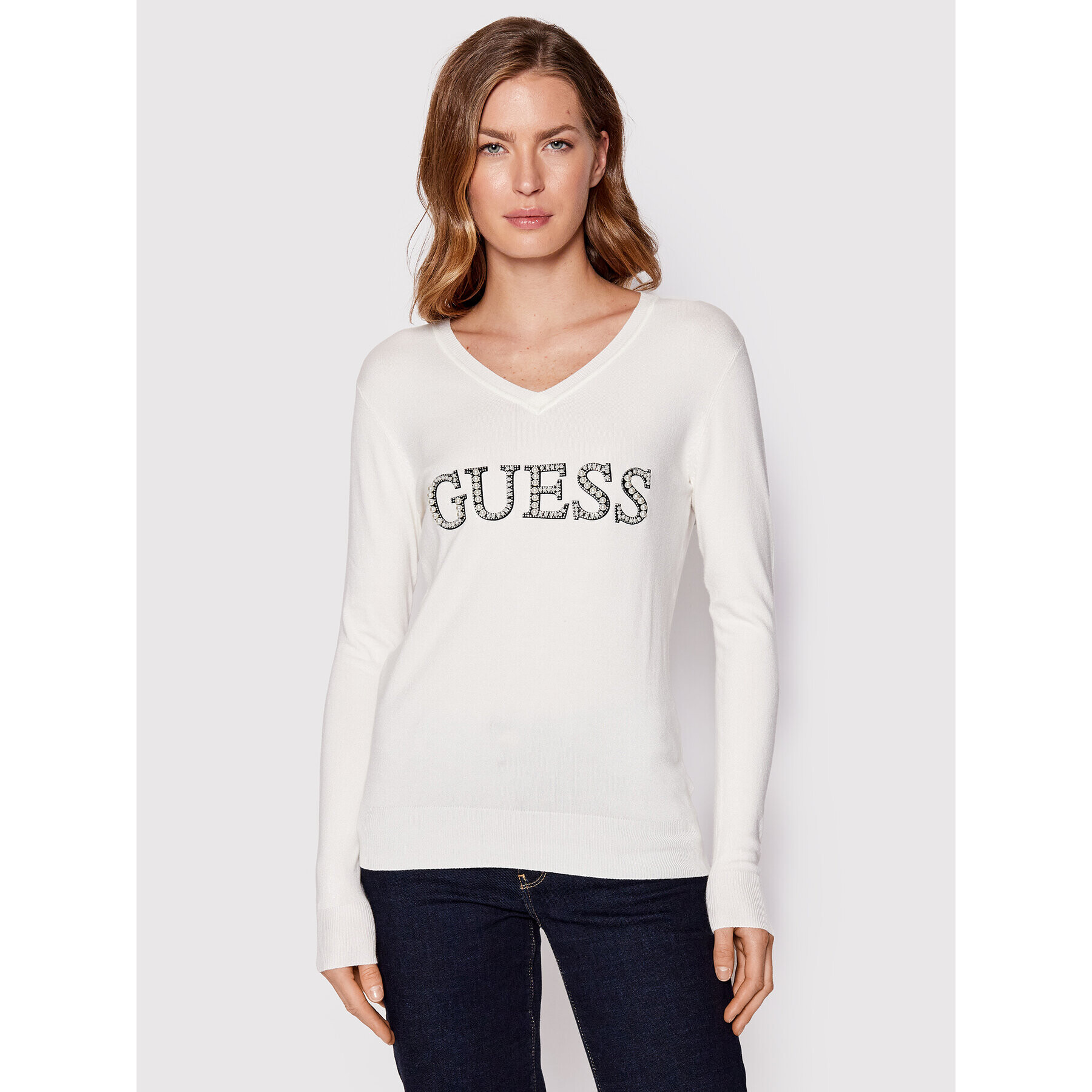 Guess Pulover W2YR26 Z2NQ0 Alb Regular Fit - Pled.ro