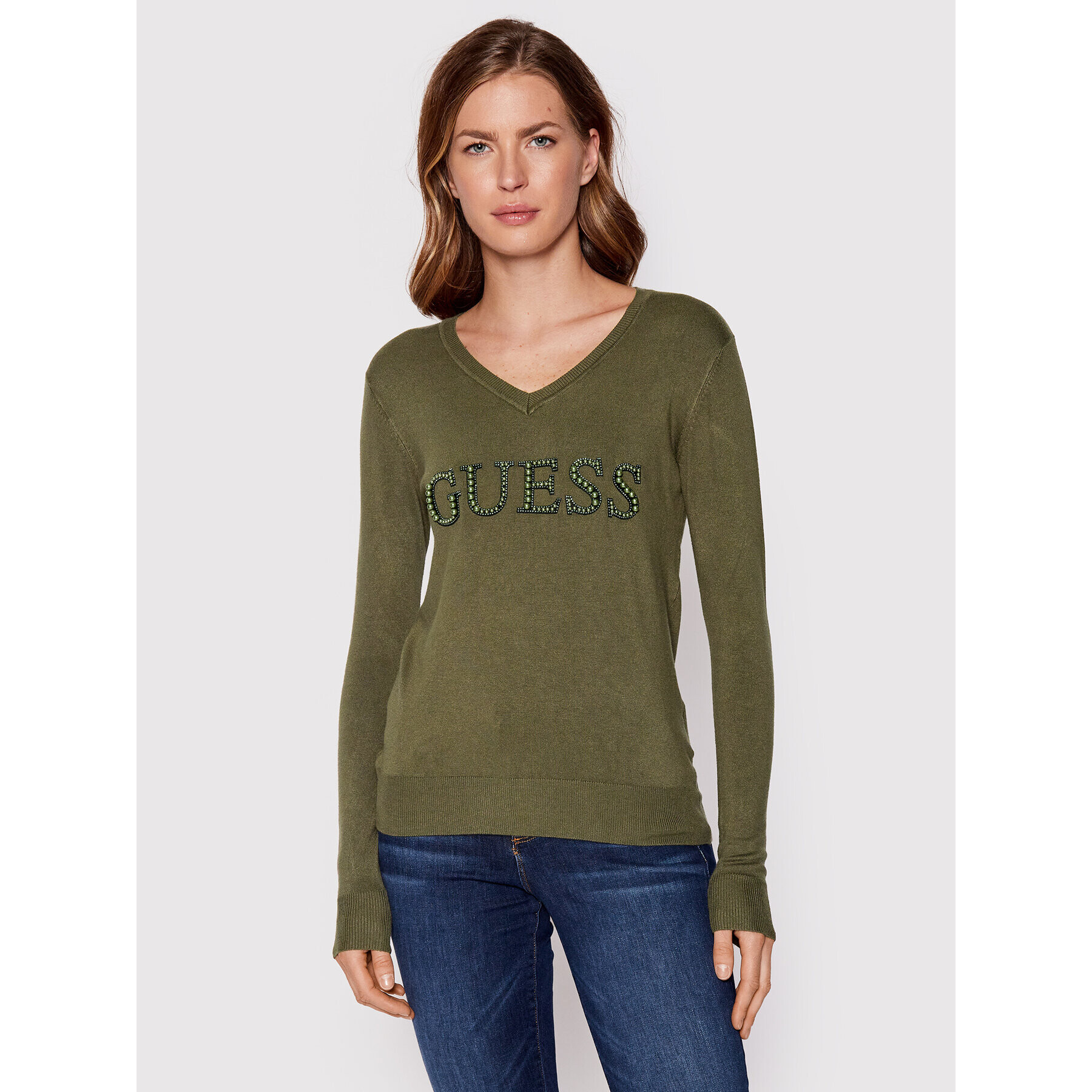 Guess Pulover W2YR26 Z2NQ0 Verde Regular Fit - Pled.ro