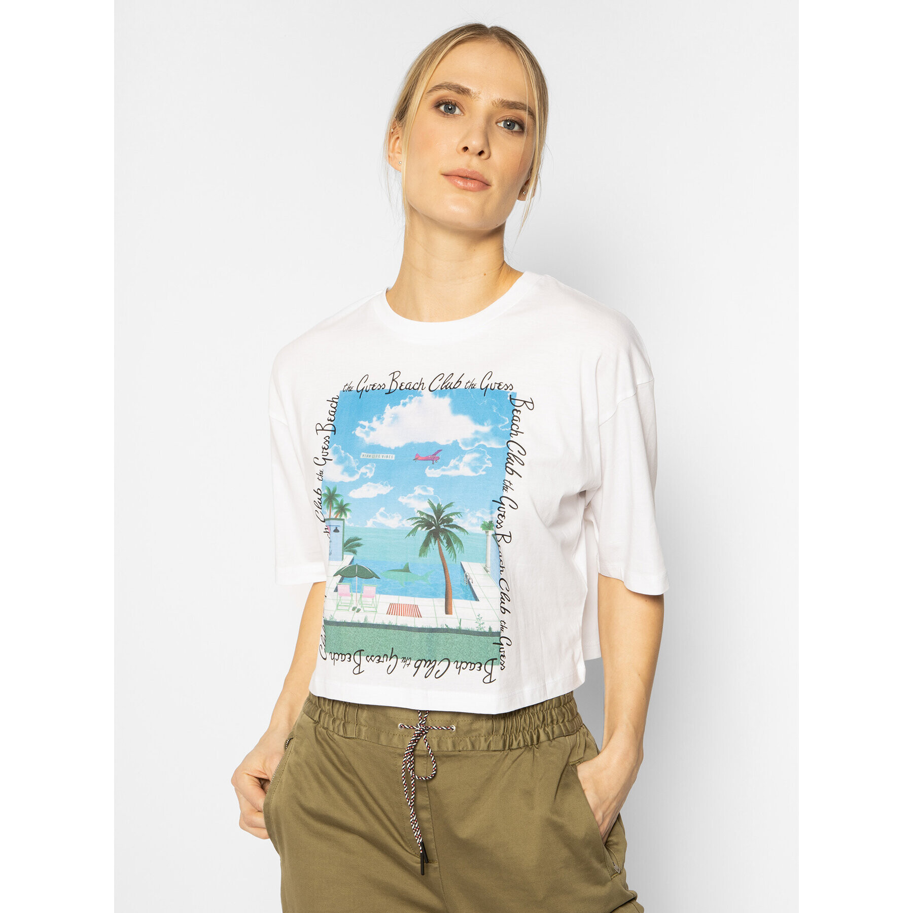 Guess Tricou Beach W0GI93 JA900 Alb Regular Fit - Pled.ro