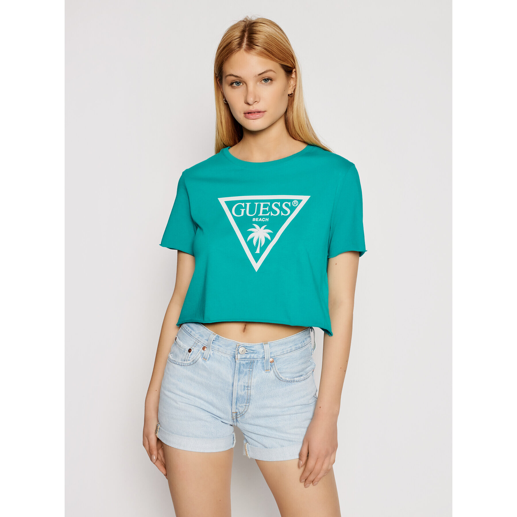 Guess Tricou E02I01 JA911 Verde Cropped Fit - Pled.ro