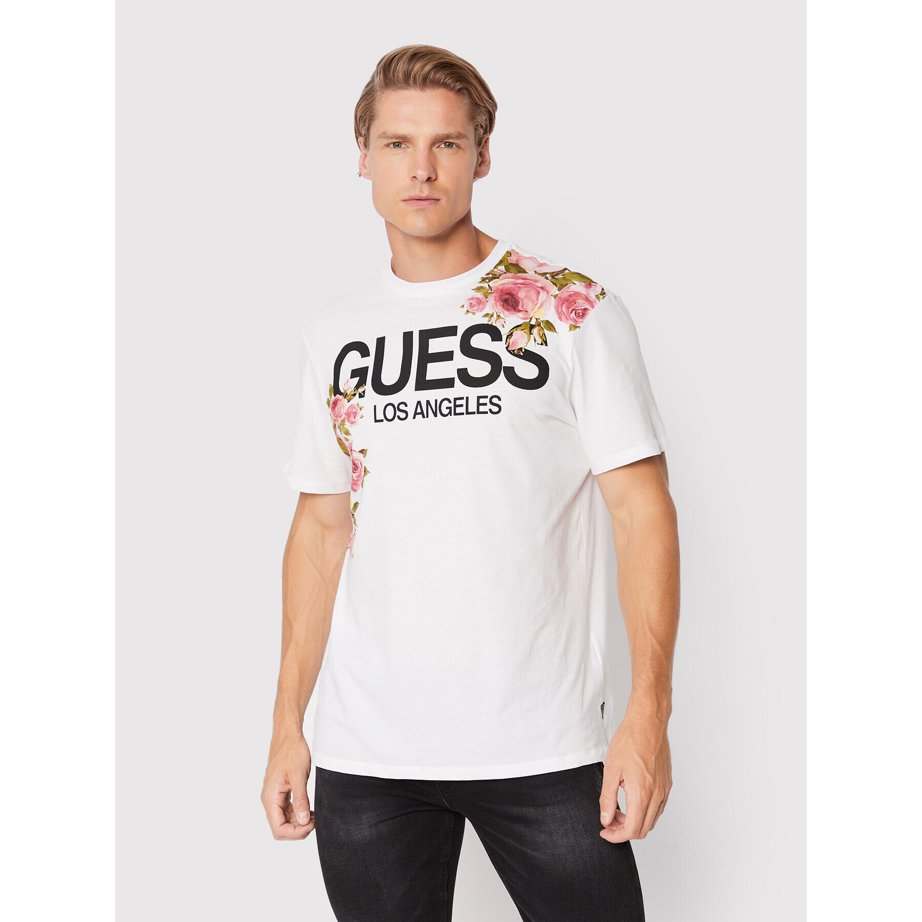 Guess Tricou Floral Logo M2BI75 K9RM3 Alb Regular Fit - Pled.ro