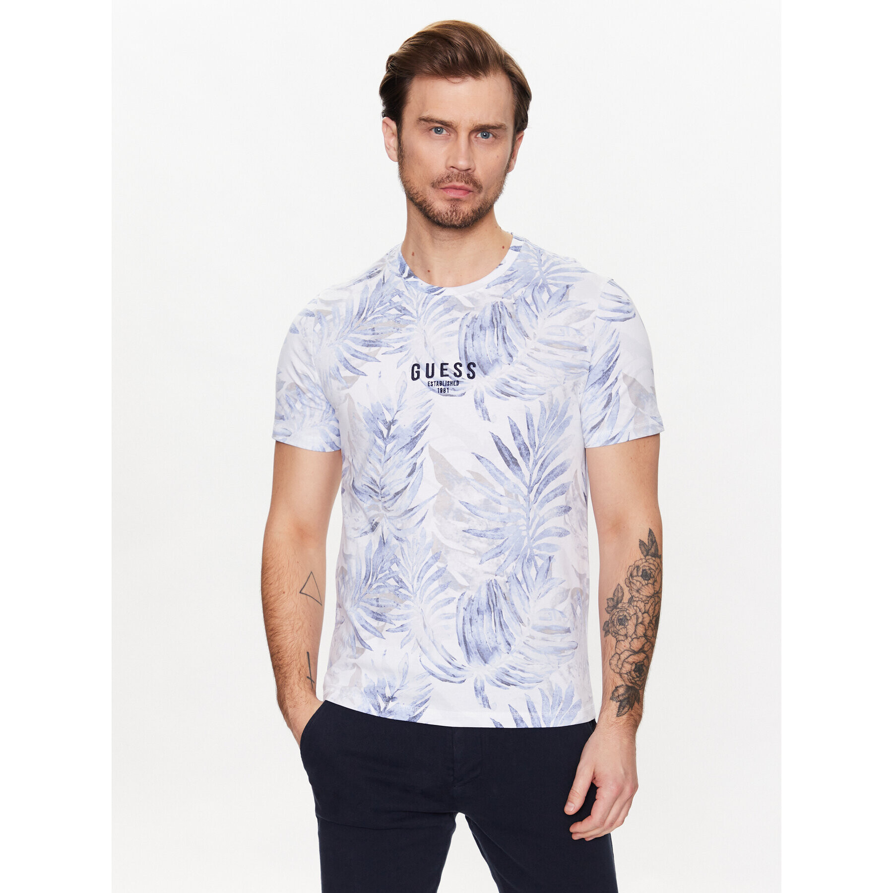 Guess Tricou Foliage M3GI27 I3Z14 Albastru Slim Fit - Pled.ro