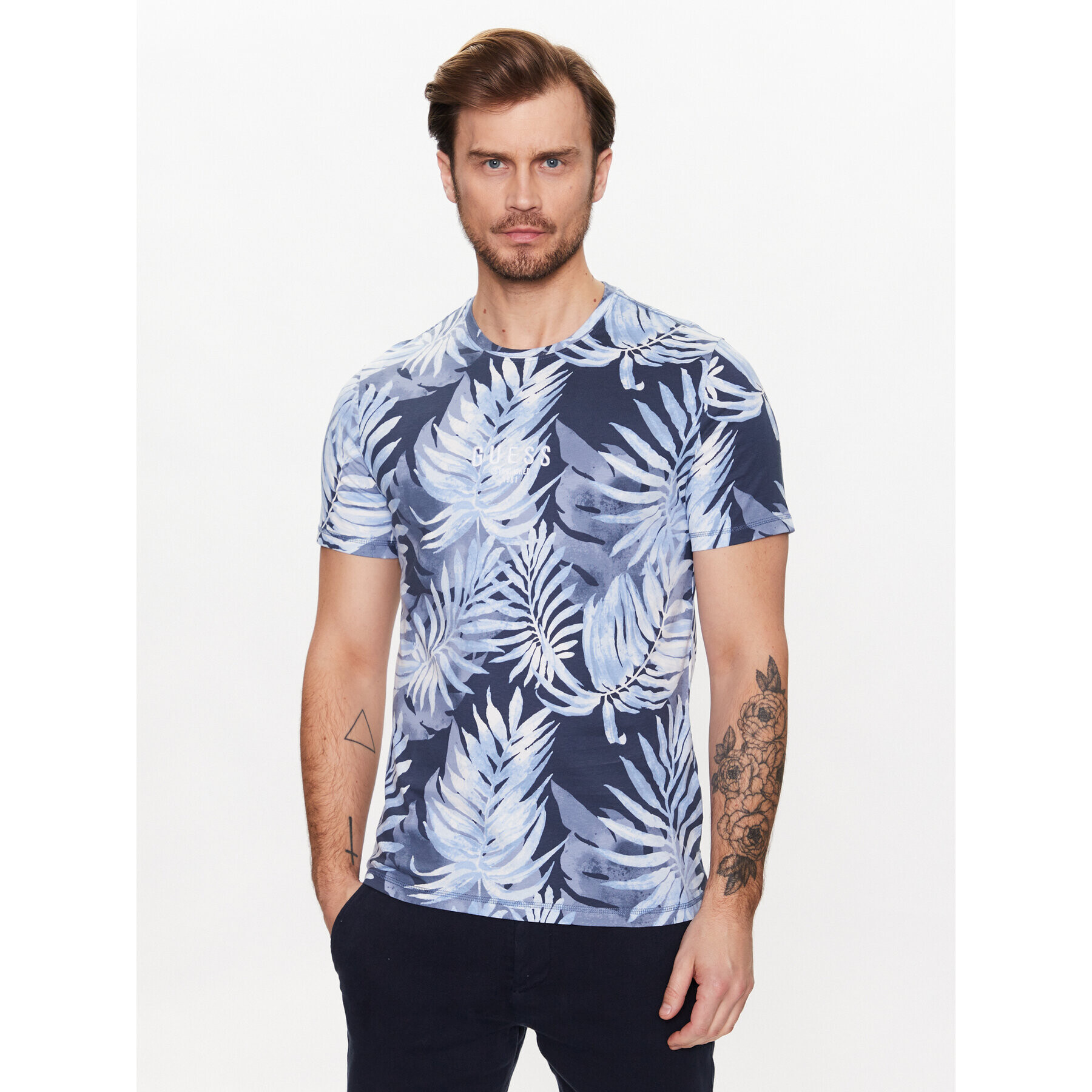 Guess Tricou Foliage M3GI27 I3Z14 Bleumarin Slim Fit - Pled.ro