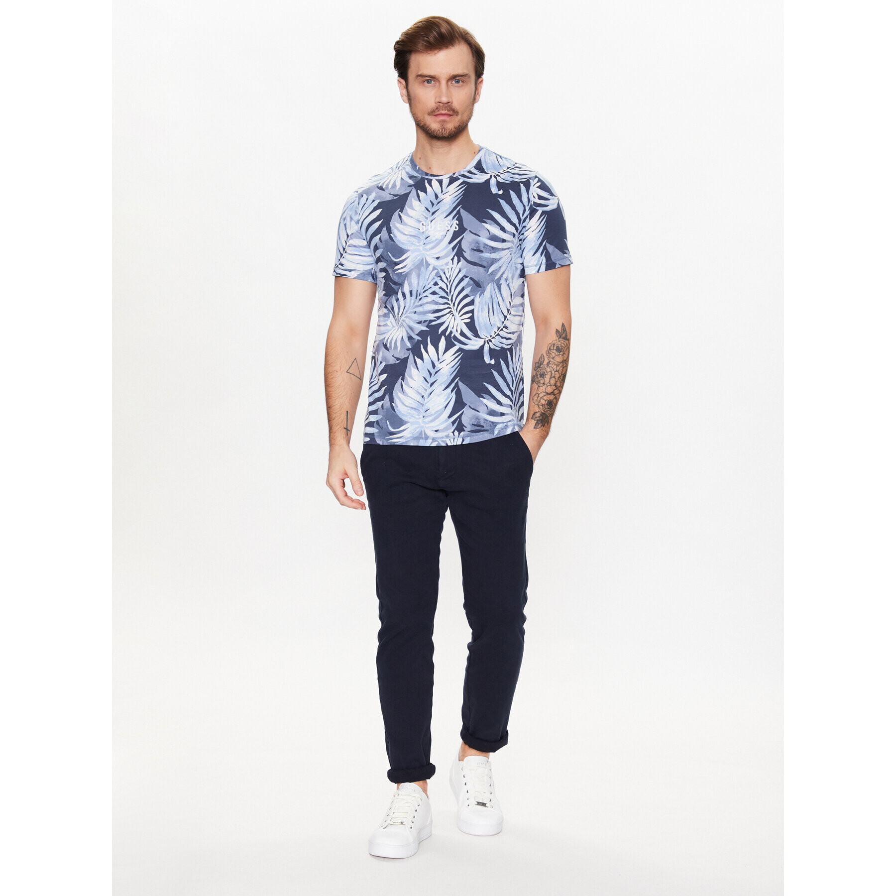 Guess Tricou Foliage M3GI27 I3Z14 Bleumarin Slim Fit - Pled.ro