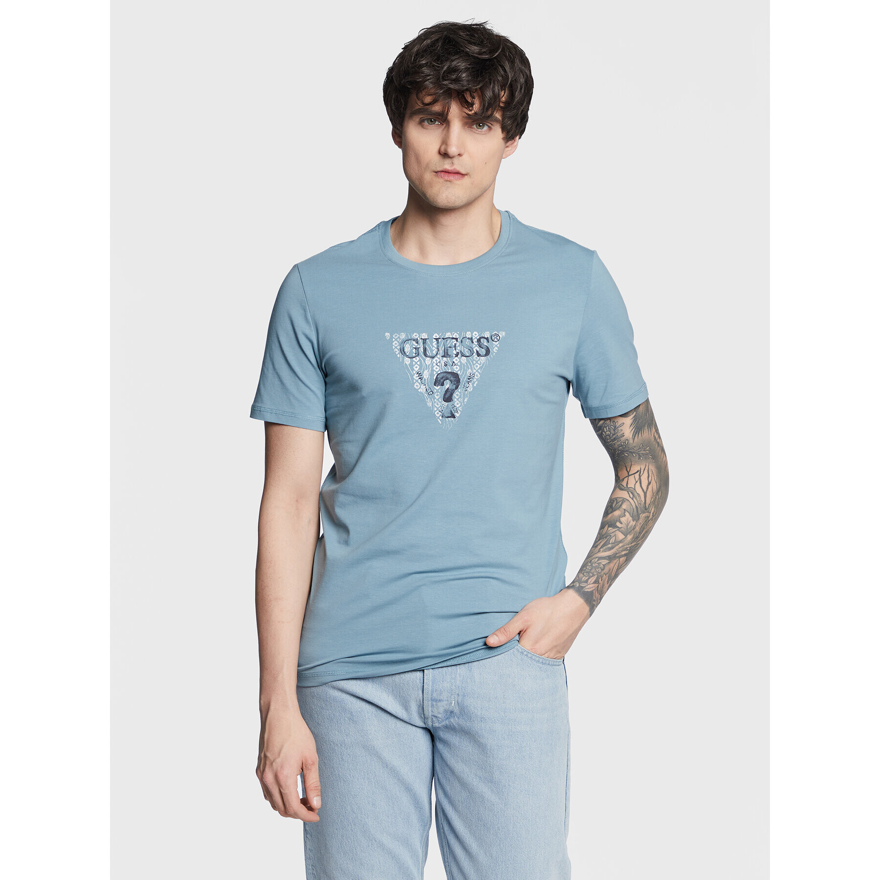 Guess Tricou Geo Triangle M3GI23 J1314 Albastru Slim Fit - Pled.ro