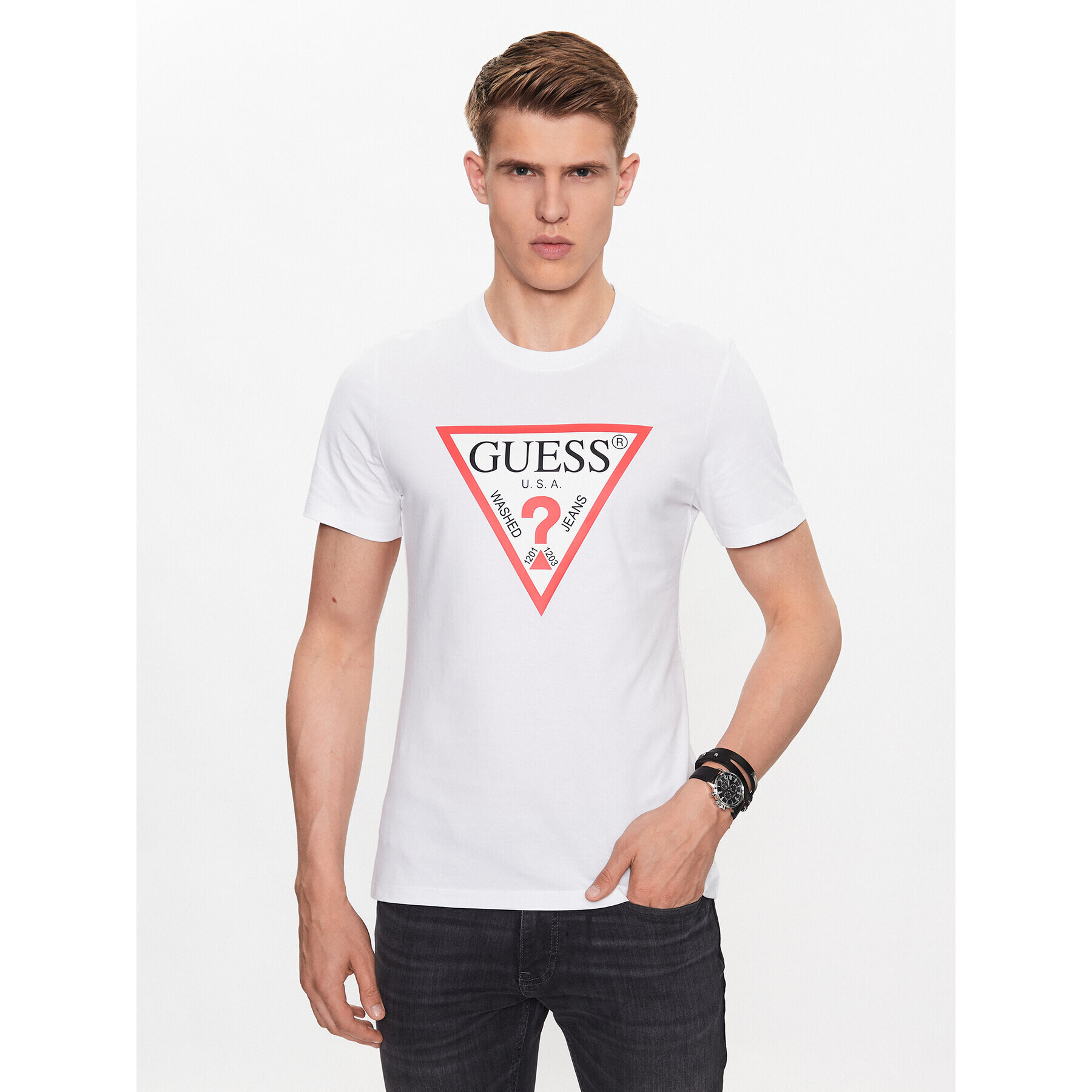 Guess Tricou M2YI71 I3Z14 Alb Slim Fit - Pled.ro