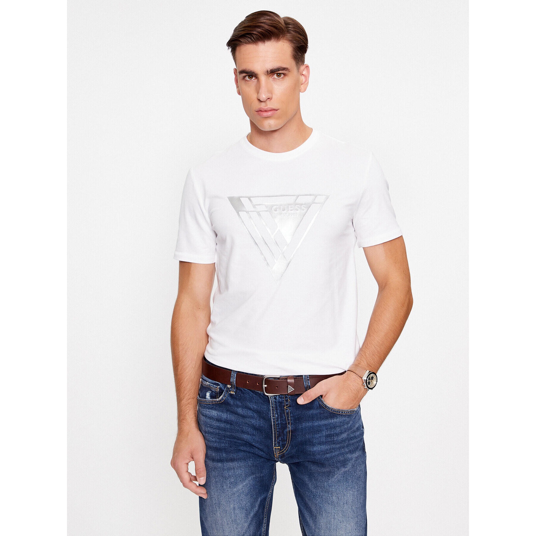 Guess Tricou M3BI35 J1314 Alb Slim Fit - Pled.ro