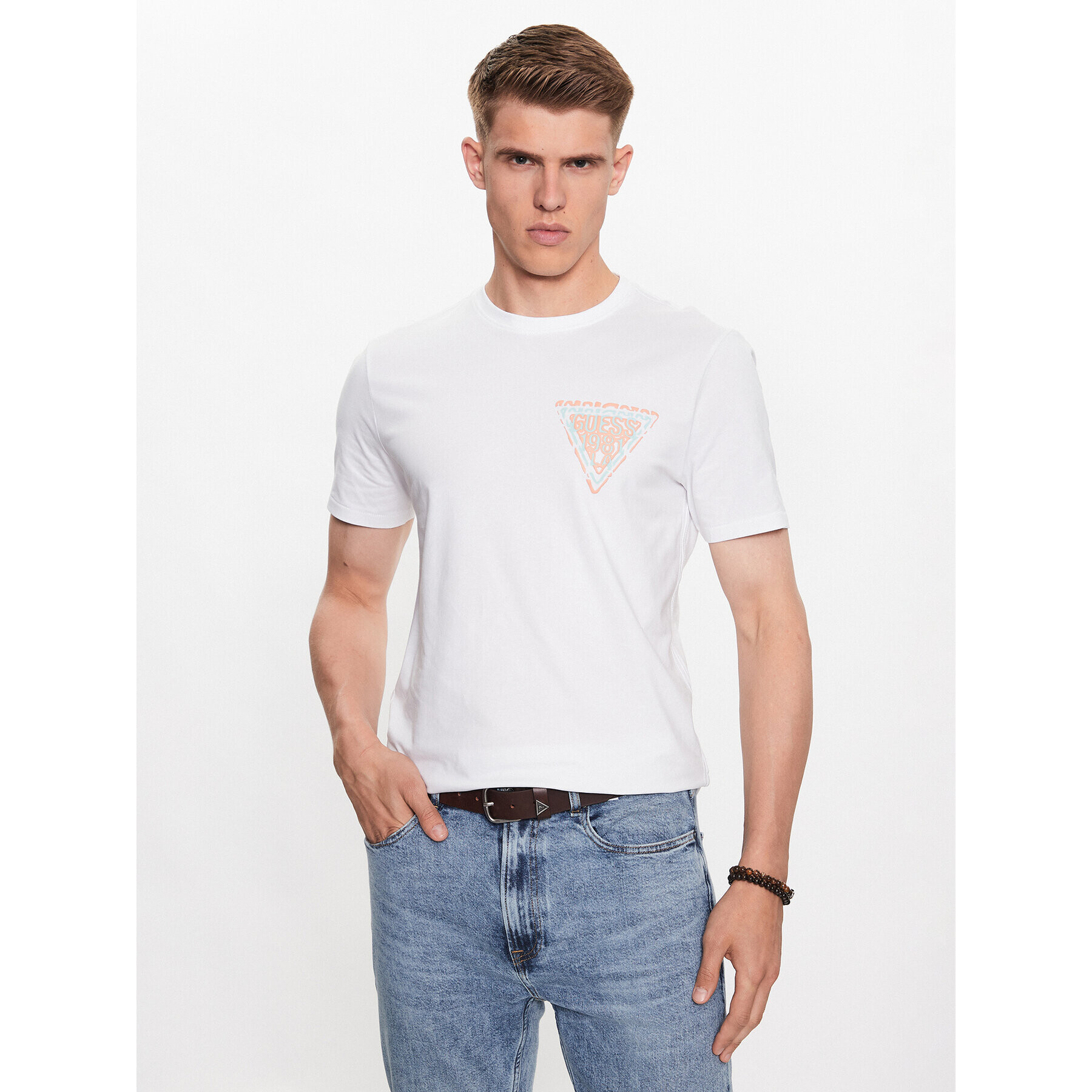 Guess Tricou M3YI22 J1314 Alb Slim Fit - Pled.ro