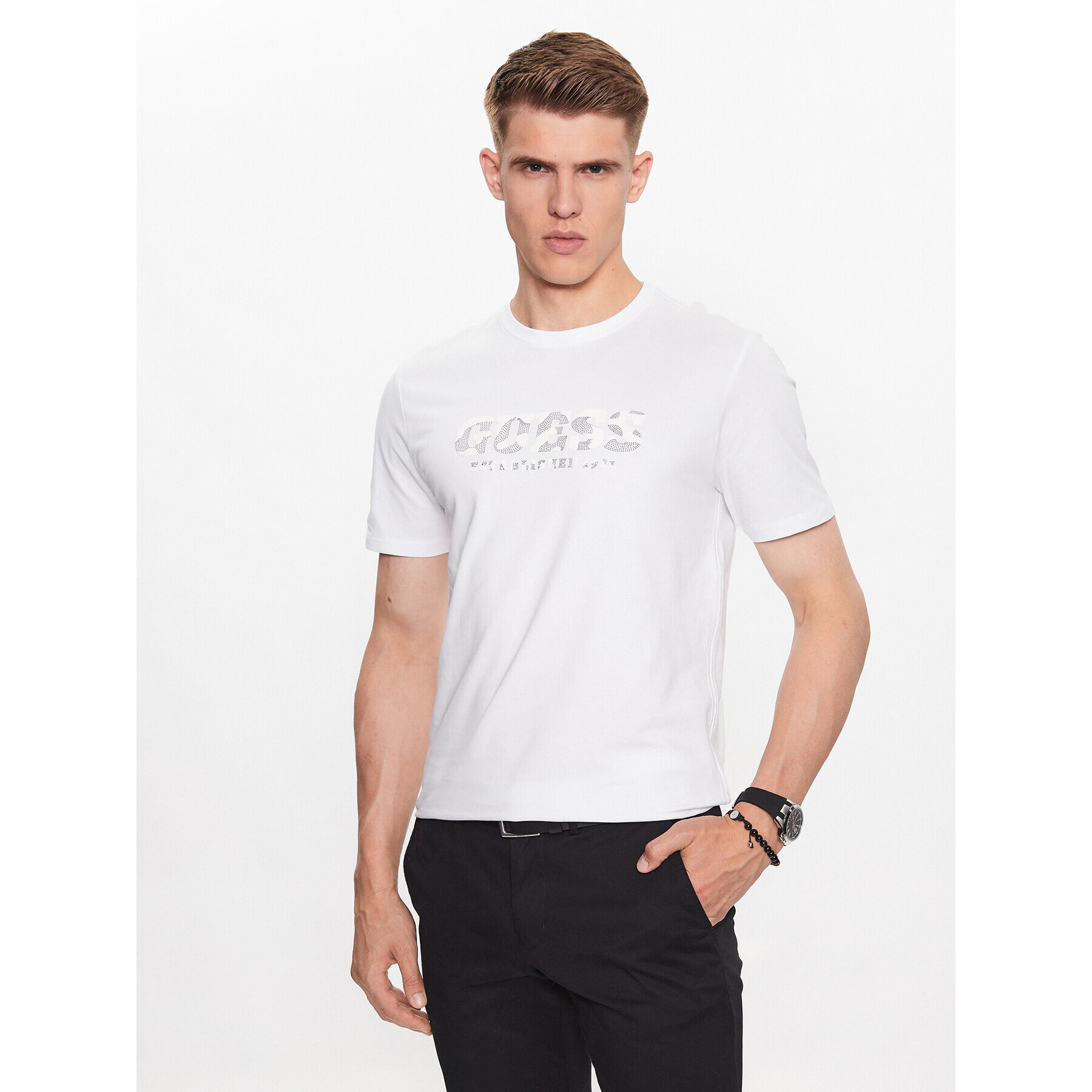 Guess Tricou M3YI26 J1314 Alb Slim Fit - Pled.ro