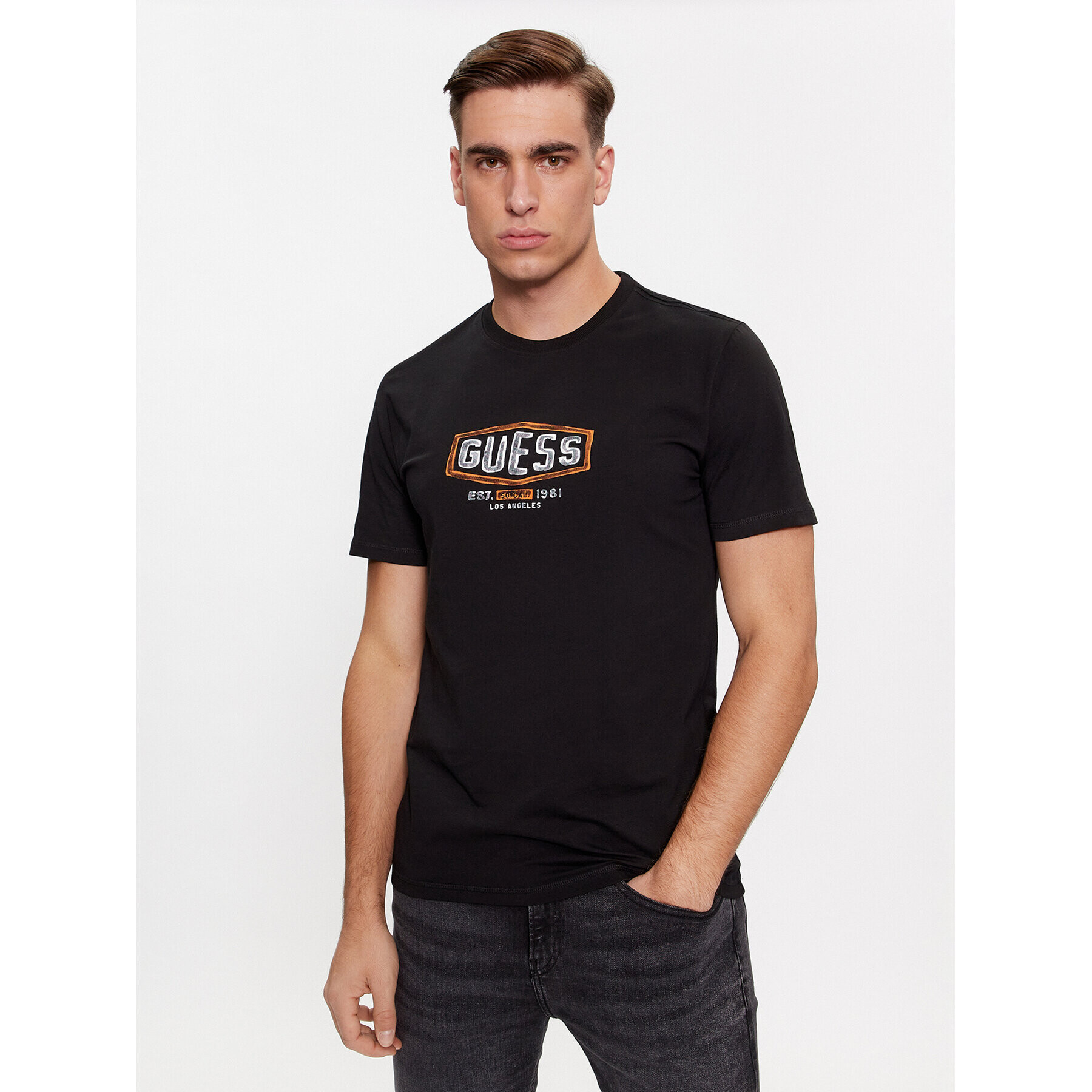 Guess Tricou M4RI33 J1314 Negru Slim Fit - Pled.ro