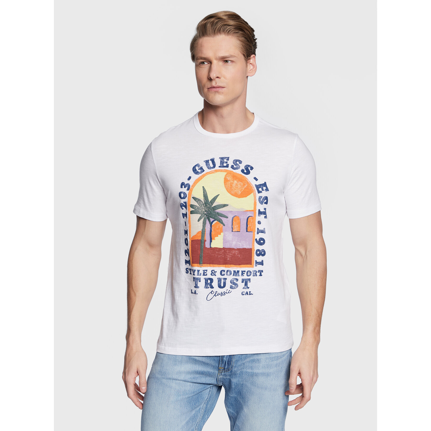 Guess Tricou Palm Window M3GI10 K6XN4 Alb Slim Fit - Pled.ro