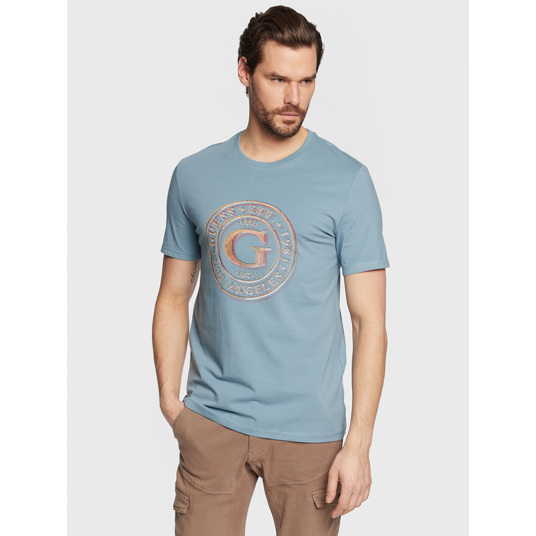 Guess Tricou Round Logo M3GI11 J1314 Albastru Slim Fit - Pled.ro