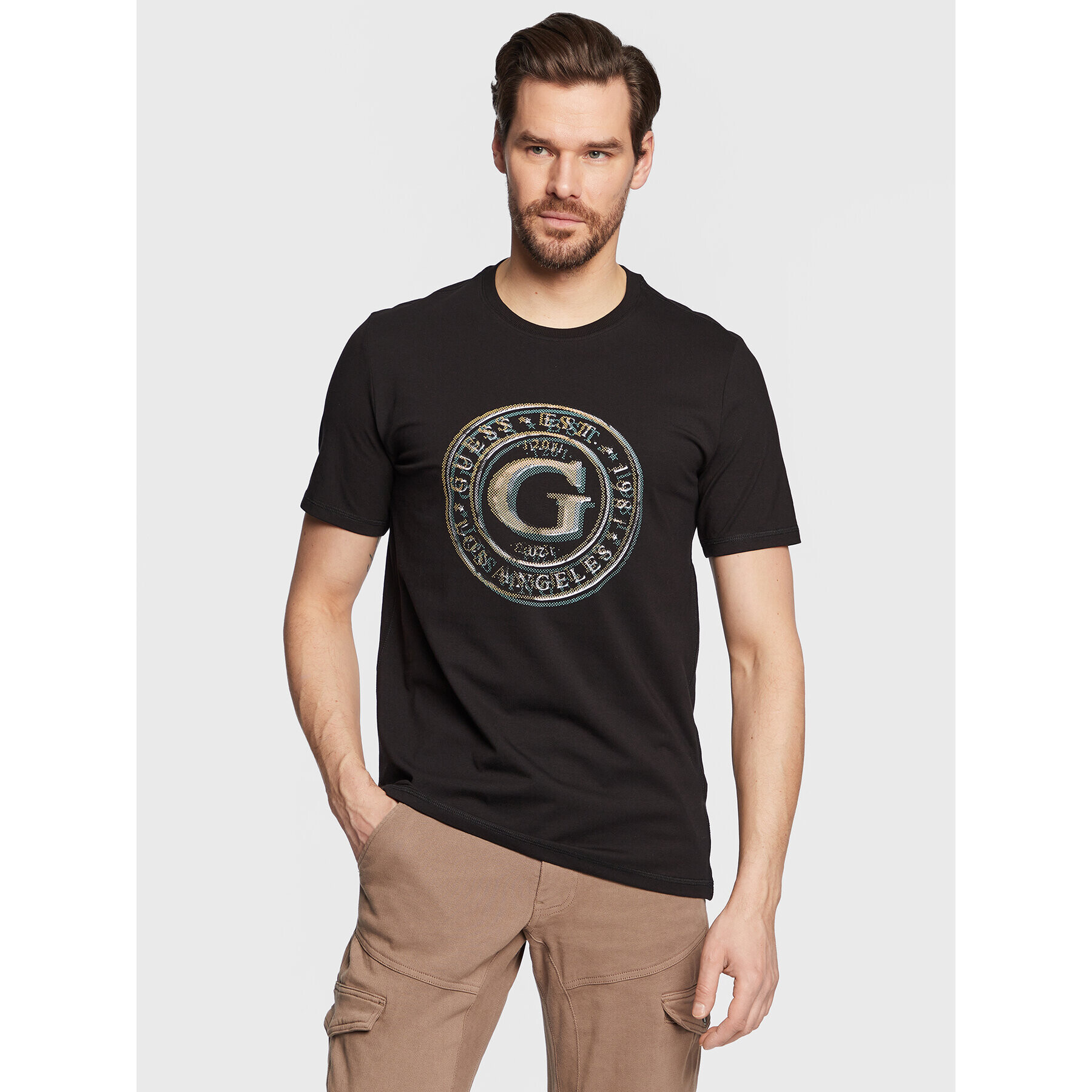 Guess Tricou Round Logo M3GI11 J1314 Negru Slim Fit - Pled.ro